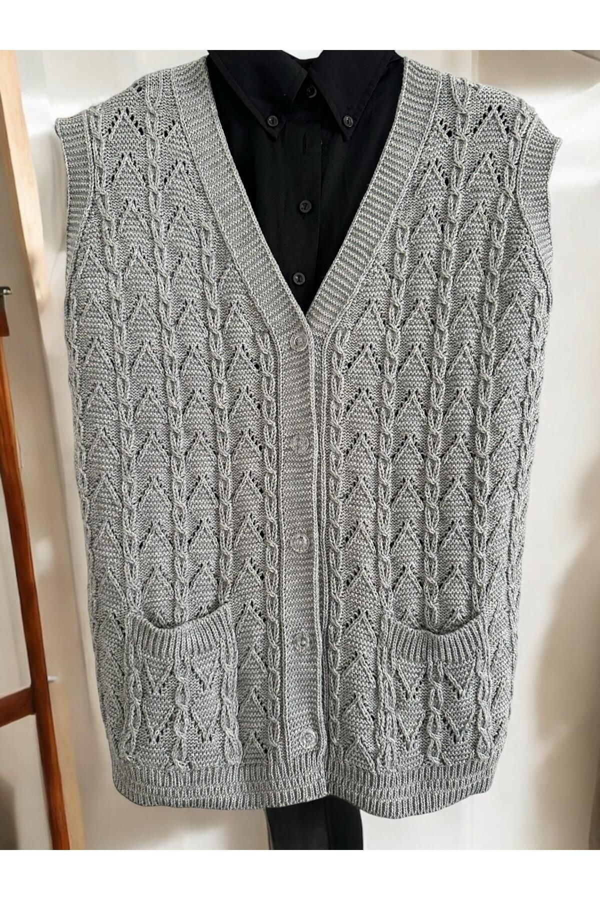 Çeyizcim-Knitwear Knitted Angora Gray Buttoned Pocket Dowry Vest 2