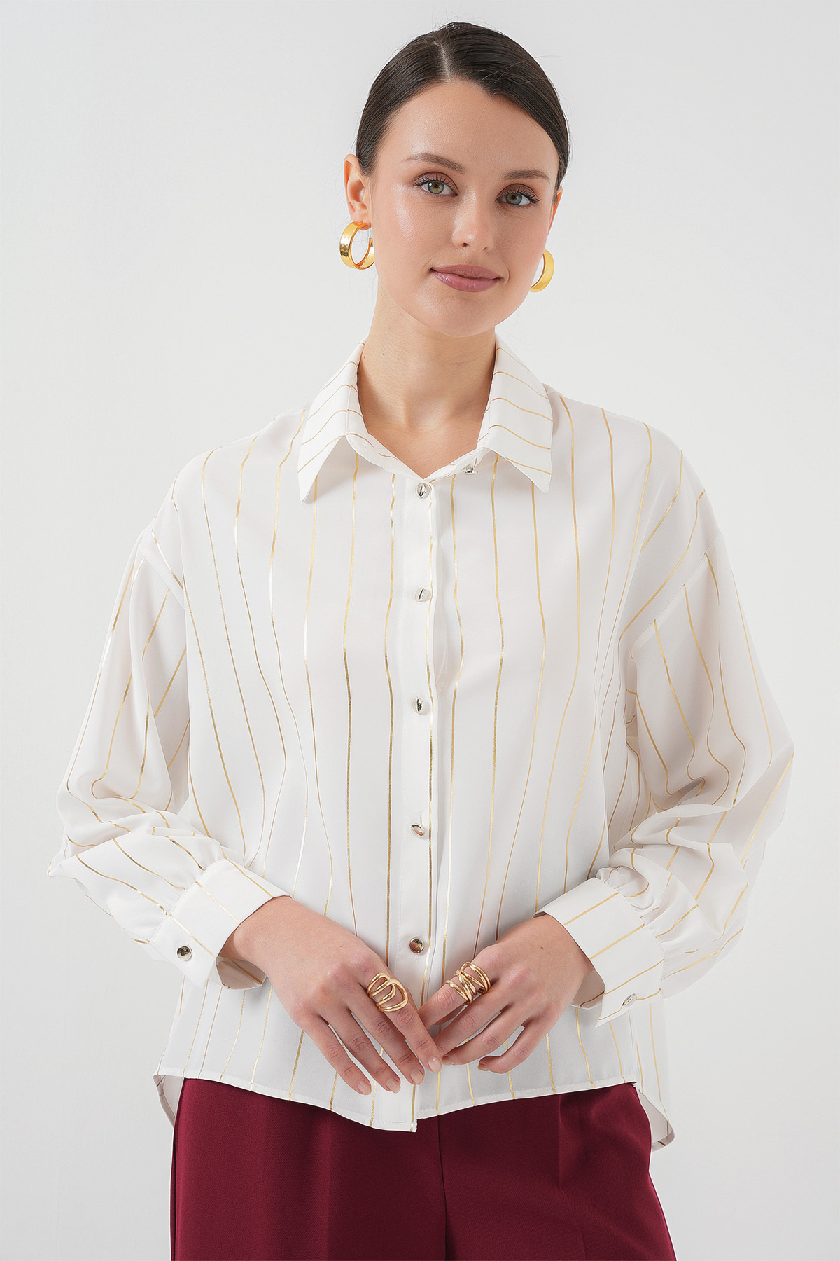 Bigdart-5924 Women's Gold Striped Shirt - C.White 4