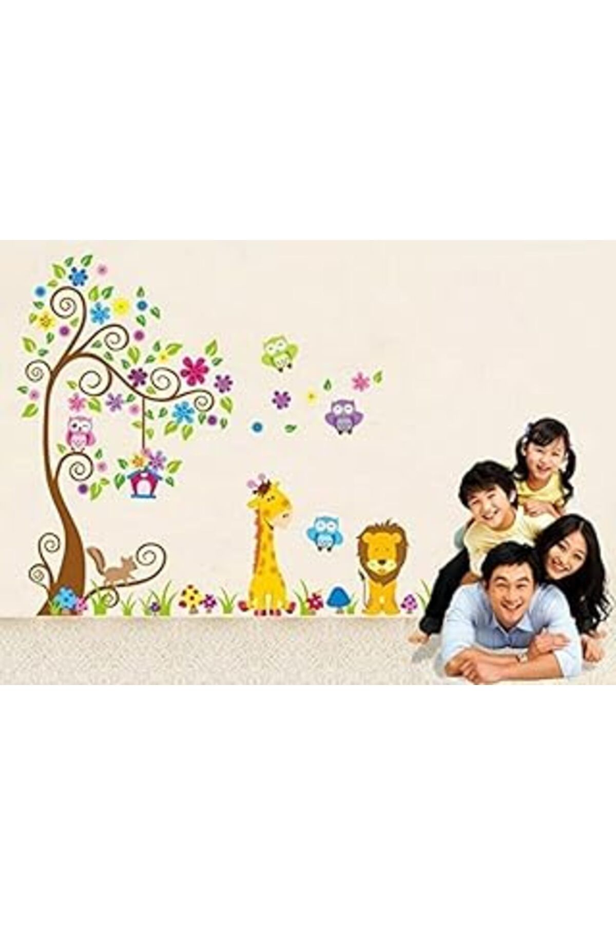 Mu Art Kiki Monkey 1 X Jungle Hayvanat Bahçesi Happy Owl, Lion With Zürafa Wall Çıkartma For Kids, Çocuk O