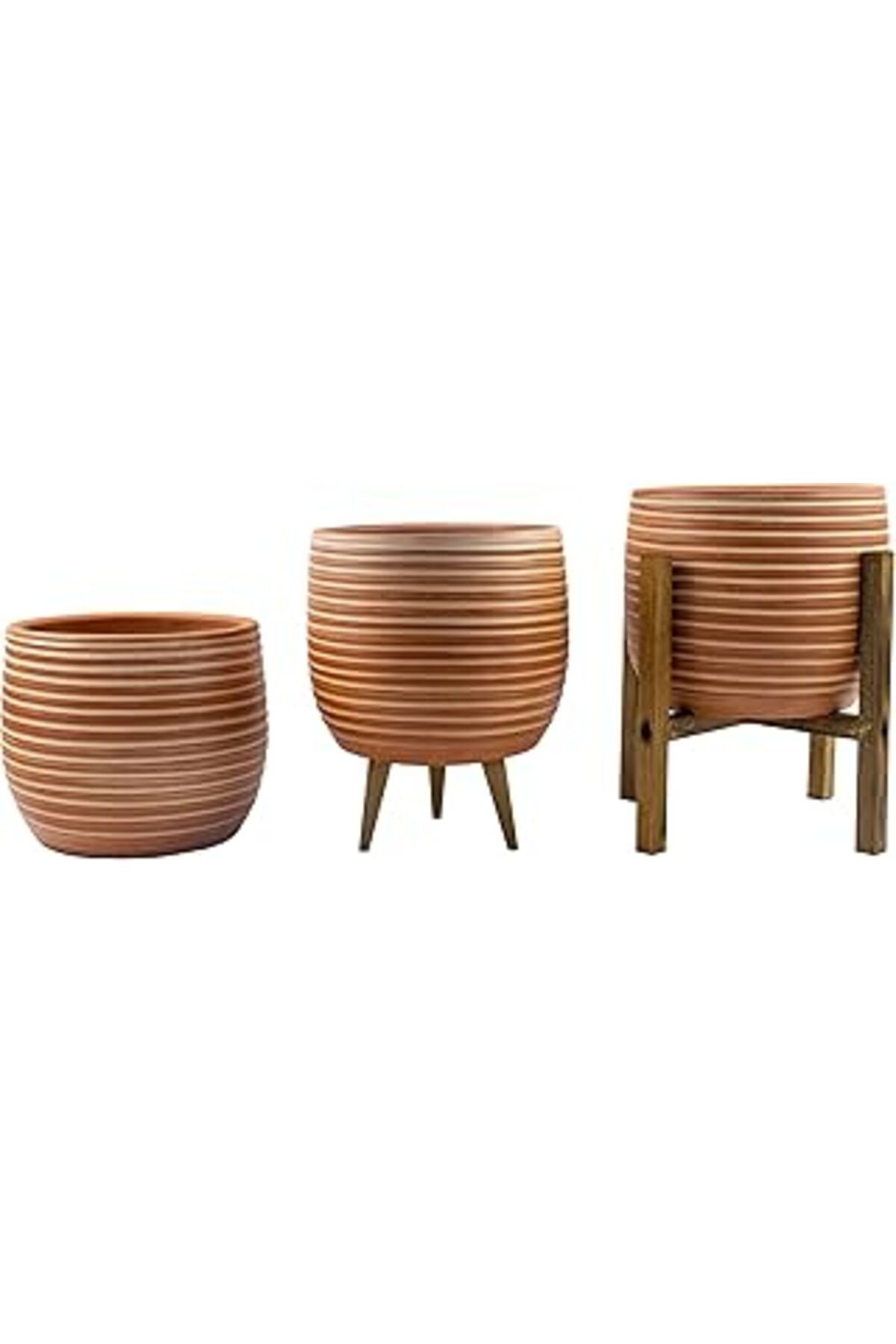 Hepta Collection Bitki Tasarımı Ev Dekorasyon Yan Çizgi Desenli Terrakota Toprak Saksı Saksılık Salon Çiçeklik Üçlü