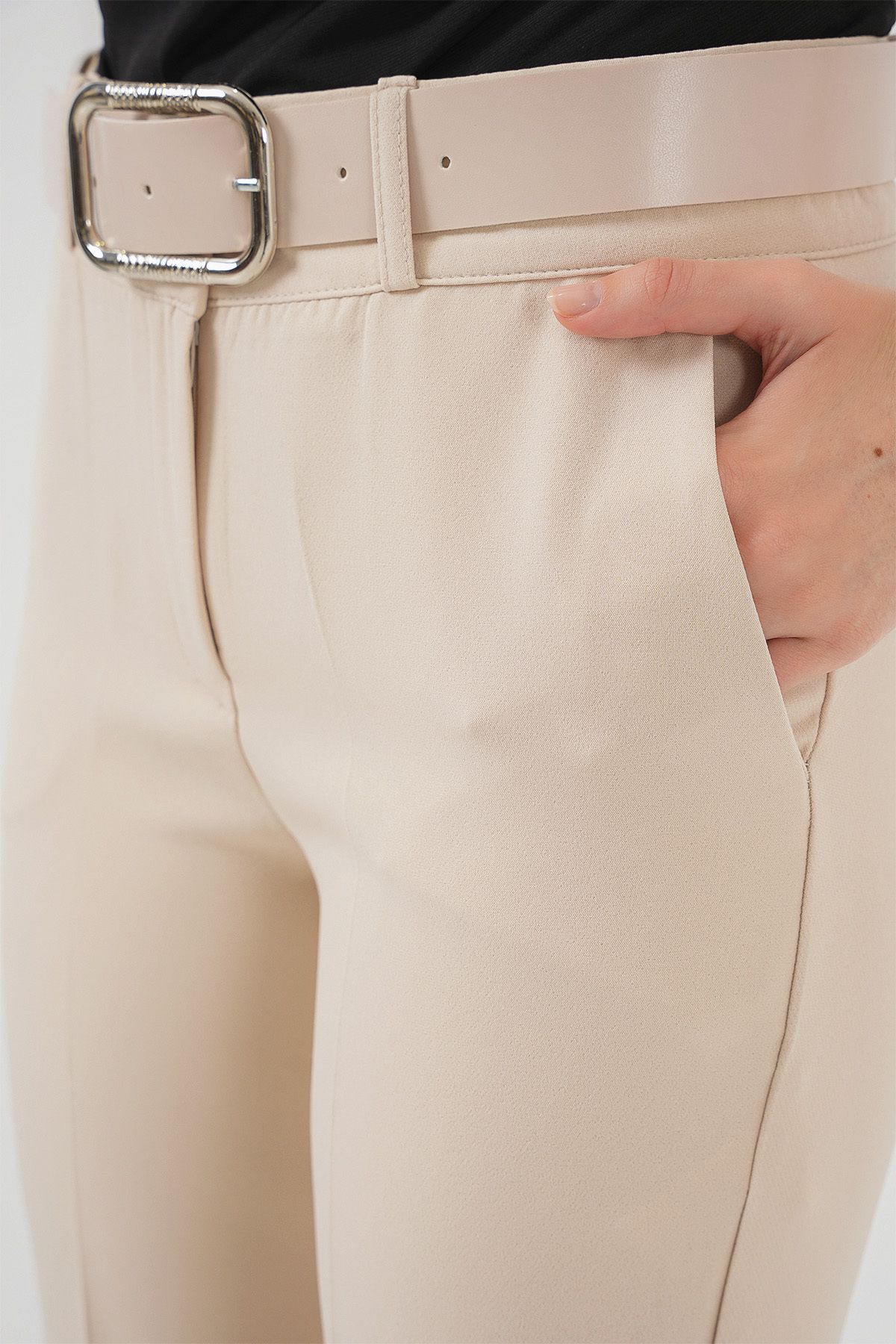 Bigdart-6538 Belted Flared Trousers - Cream 5