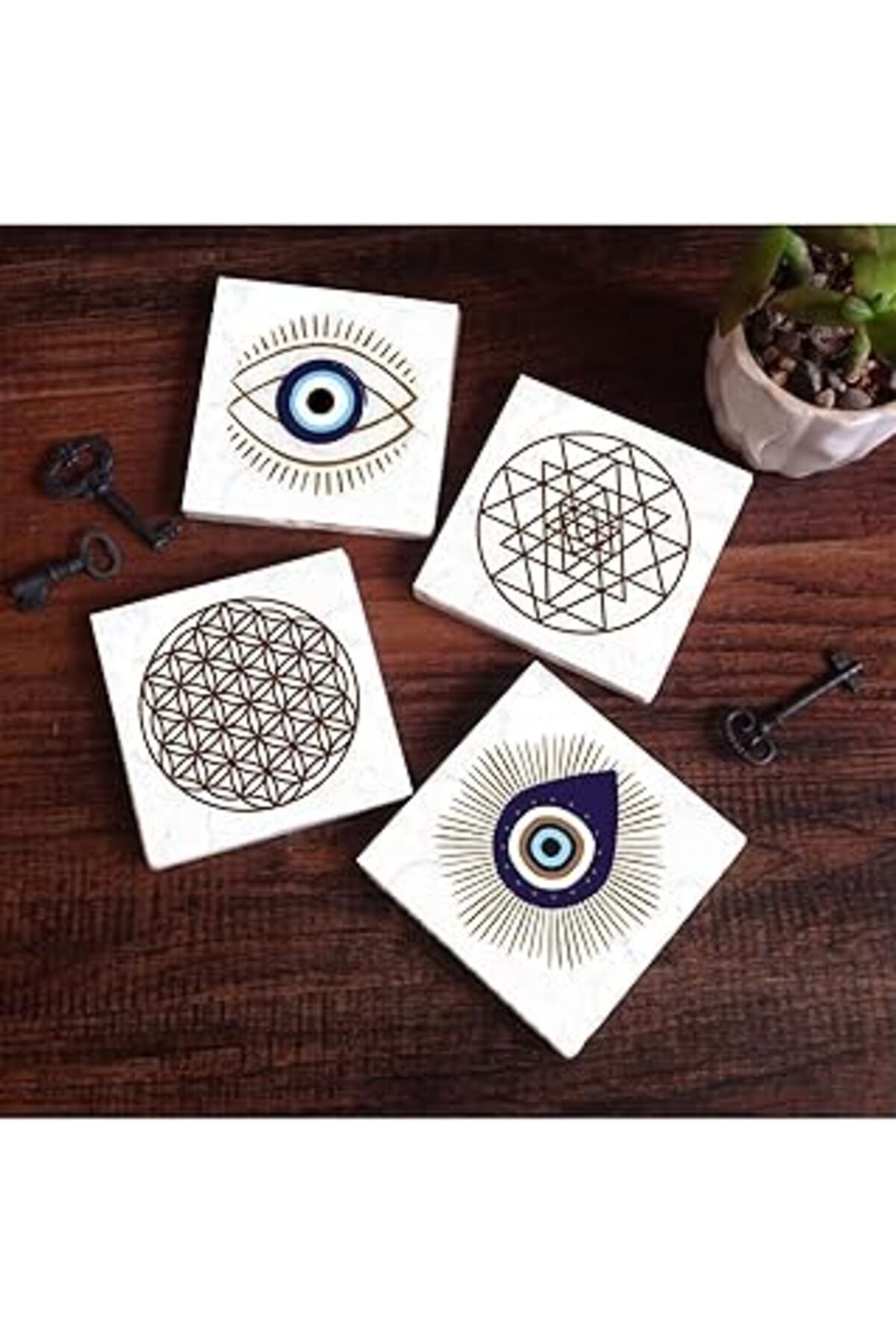 Pazarcan Pinecone Nazar, Yaşam Çiçeği, Sri Yantra Taş Bardak Altlığı Seti - 4 Parça - Dekoratif, Rustik Mutf