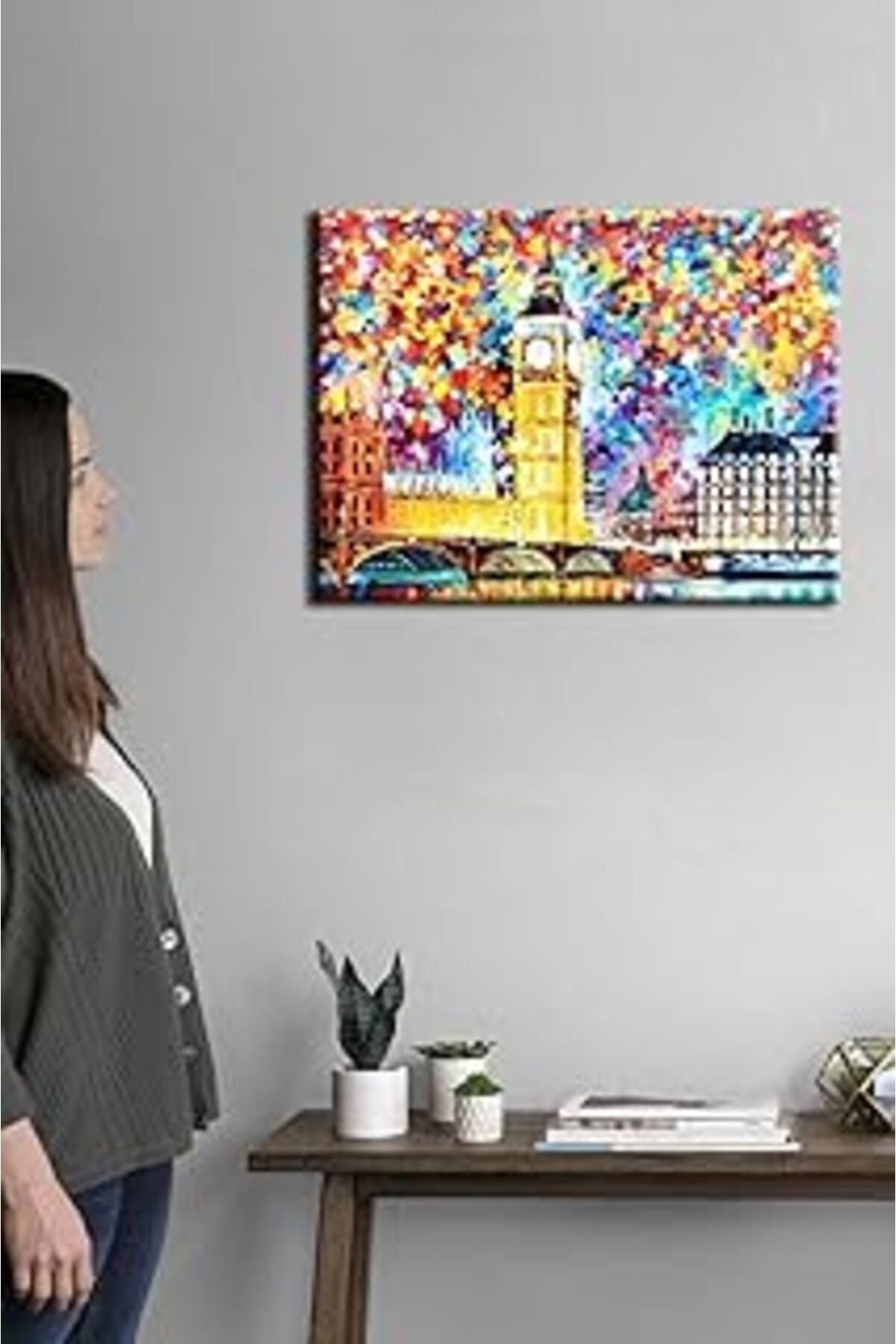 Pazarcan Renkli Dekoratif Big Ben Tarihi Londra Saat Kulesi Tablosu. Duvar Panoları: New York Retro Soyut Kl