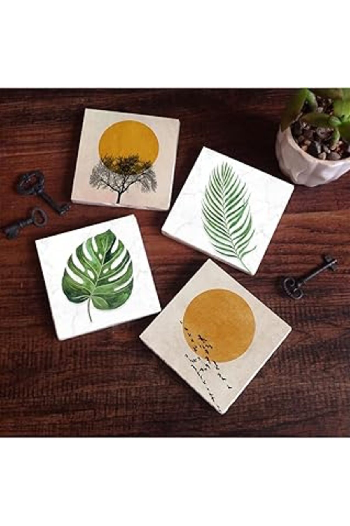 Pazarcan Pinecone Minimalist, Yaprak Taş Bardak Altlığı Seti - 4 Parça - Dekoratif, Rustik Mutfak Aksesuarı,
