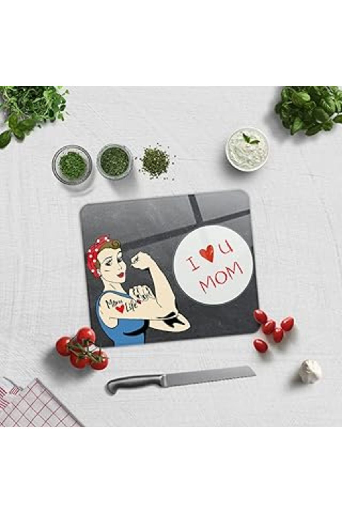 robotrend Decorita Cam Kesme Tahtası - Cam Kesme Tablası | I Love U Mom | 29Cm X 34Cm | (Kara Tahta Görünümlü