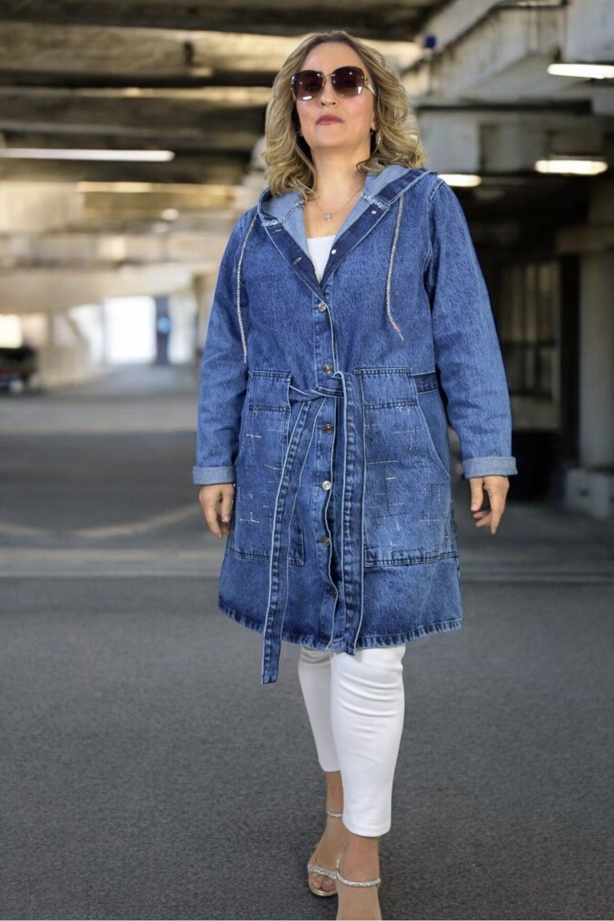yagmurberen-Metal Button Closure Hooded Stone Decoration Detail with Belt Large Size Denim Jacket 3