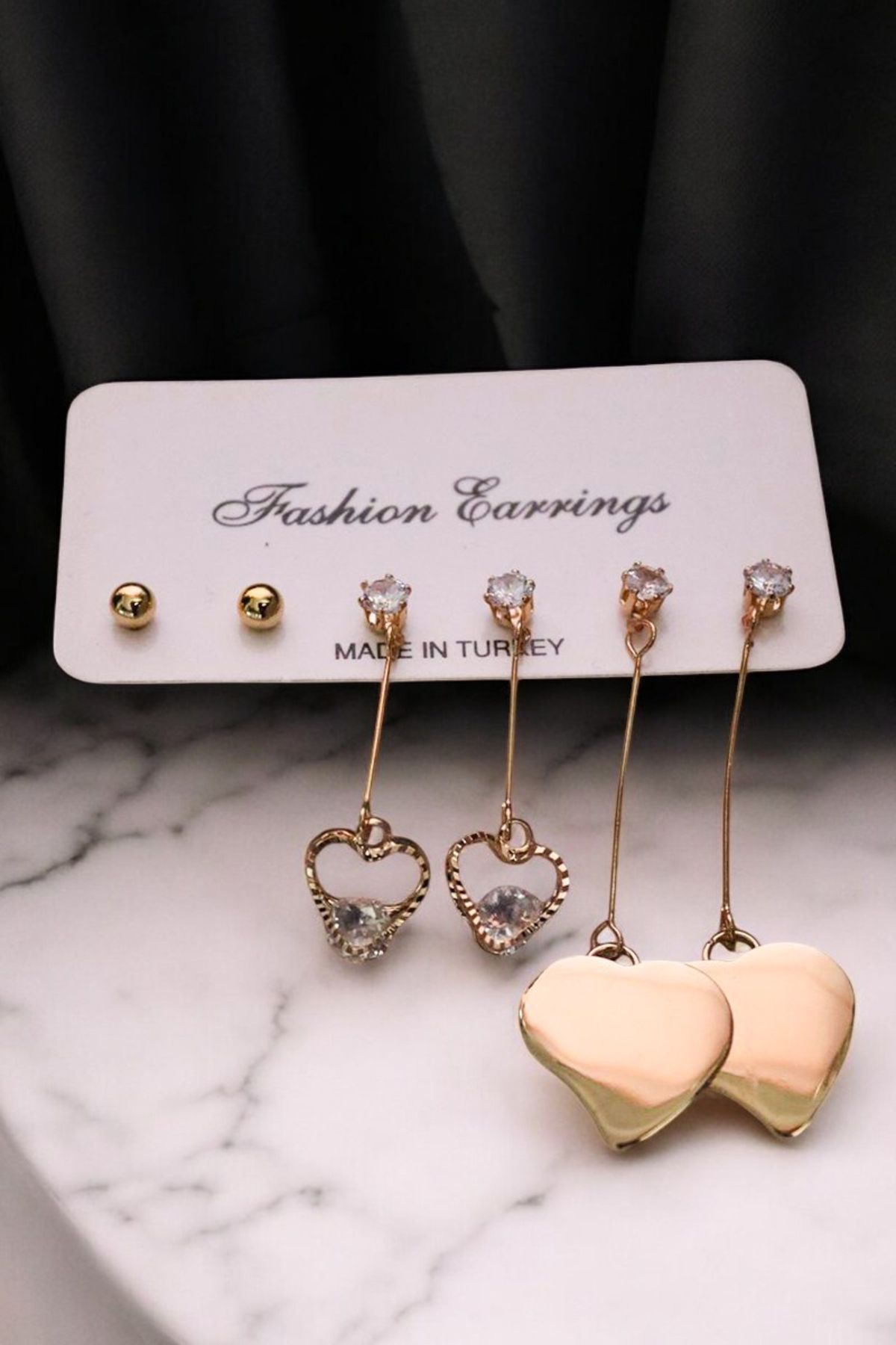 EUROMODA-3-Piece Earring Set with Heart Design Dangle Long Solitaire Earrings 1