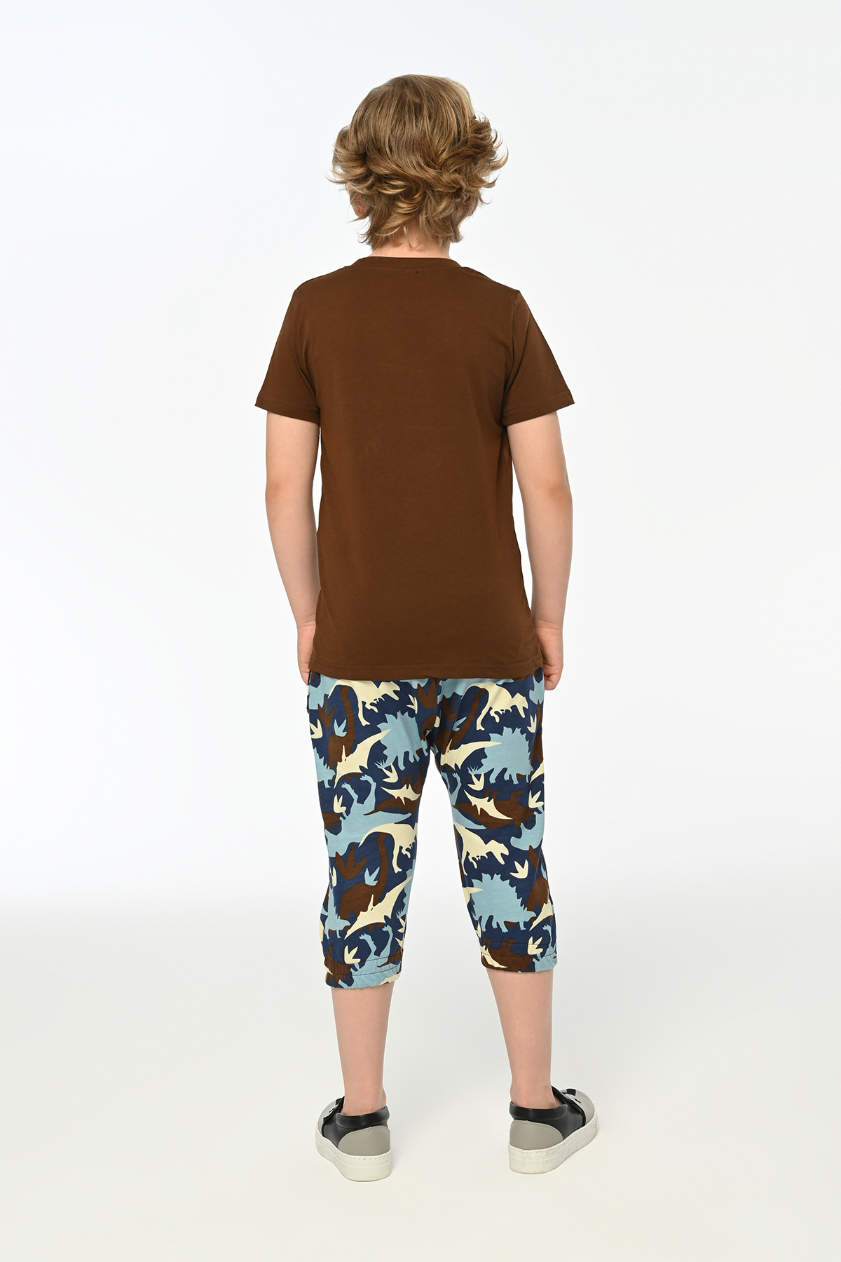 LupiaKids-Dino & Camouflage Patterned 2-Piece Capri Set - 100% Cotton - Brown Short Sleeve Top & Blue Panton 5