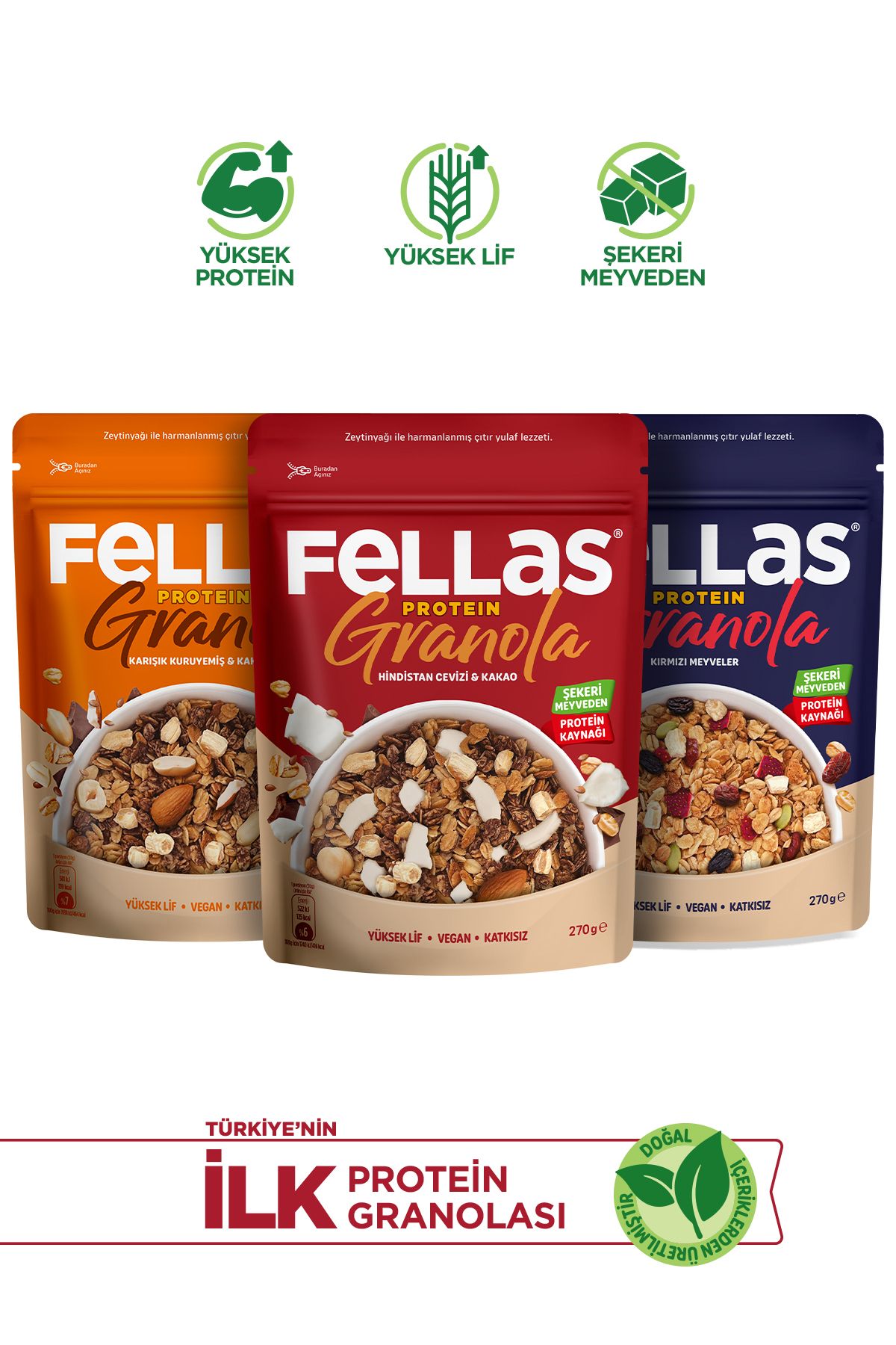 Fellas Protein Granola 3'lü Mix Paket - Hindistan C. & Kırmızı Meyveler & Karışık Kuruyemişli (270G)