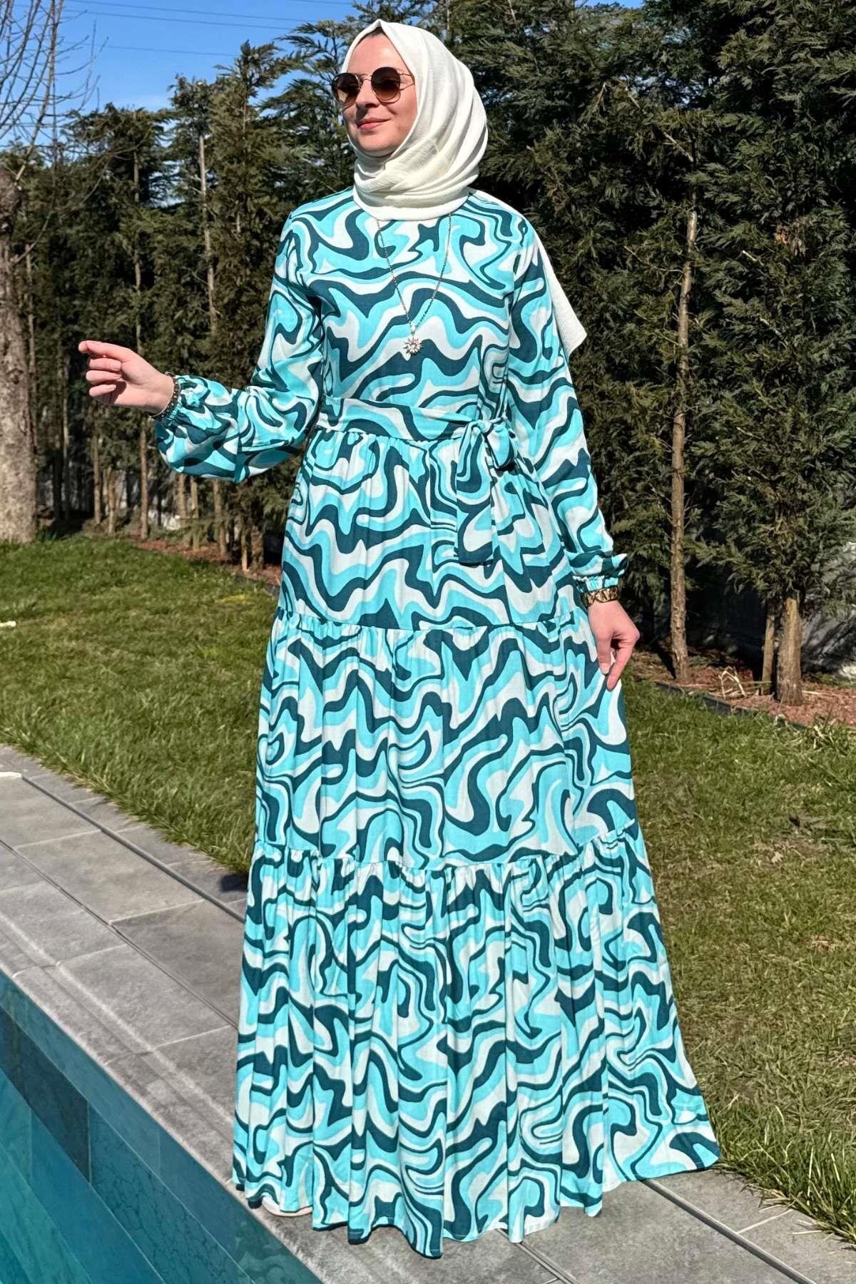 Rabia Şamlı-Turquoise Water Patterned Dress 8