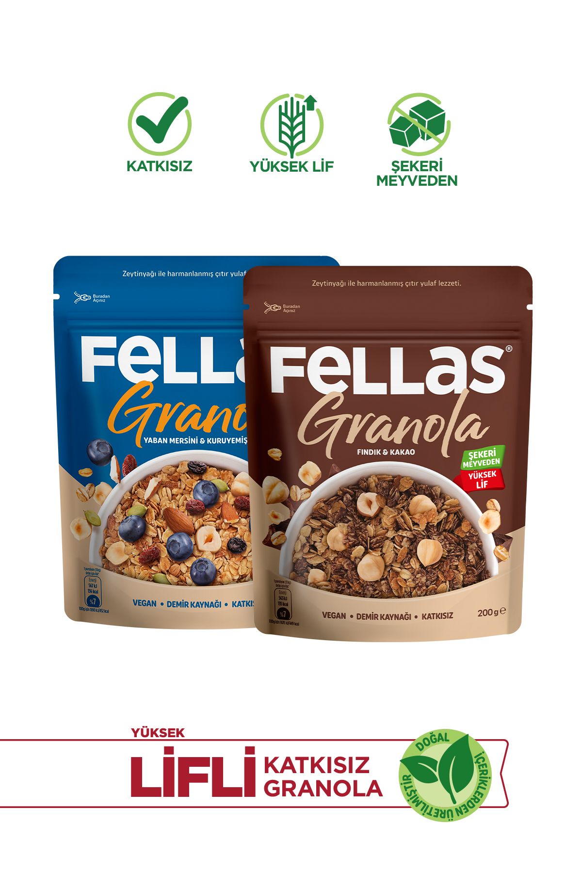 Fellas Granola 2'li Paket - Yaban Mersini & Kuruyemişli 200 G Fındık & Kakaolu 200 G