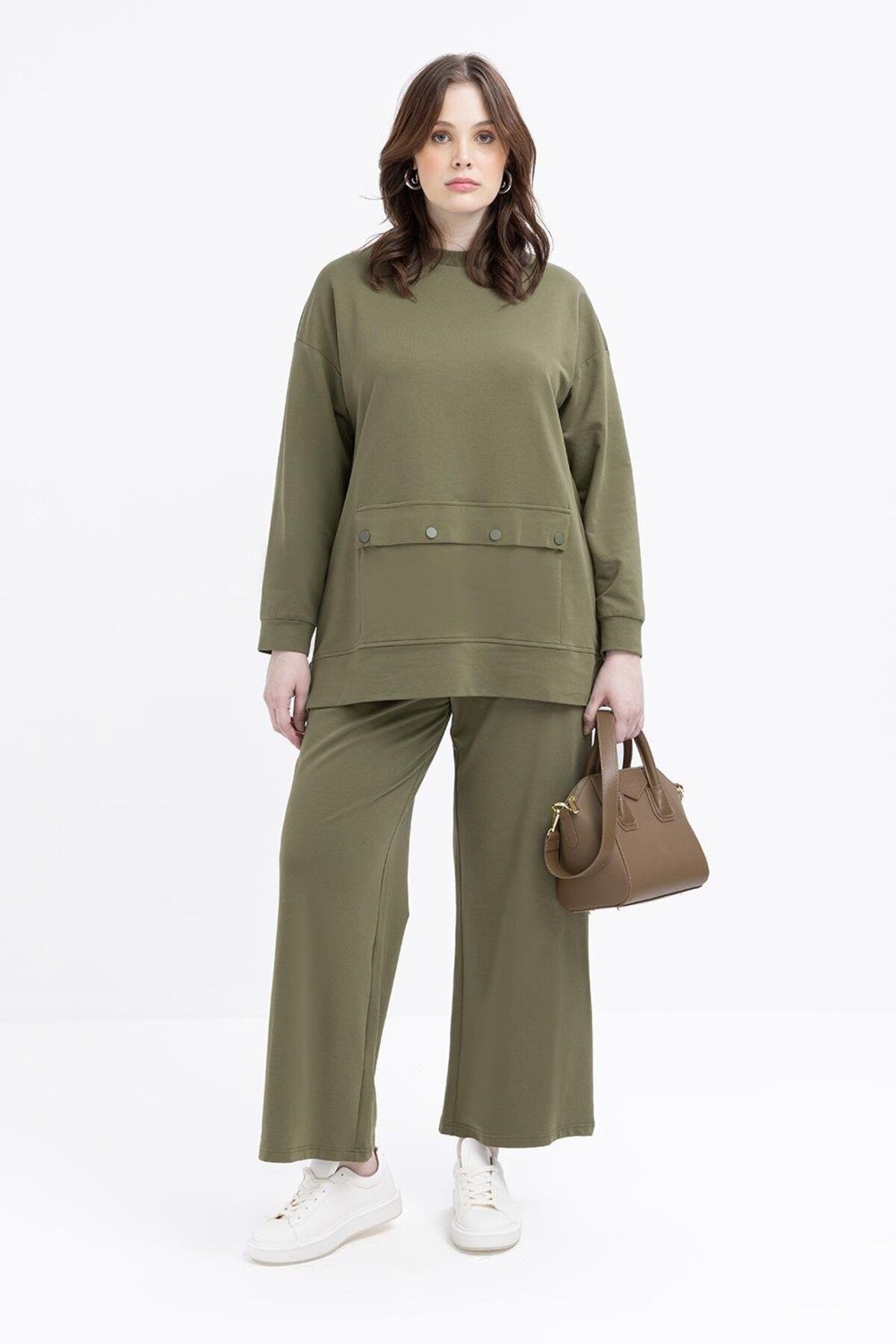 ALLDAY-Khaki-Big Pocket Side Zipper Lycra Large Size Tracksuit Set 2