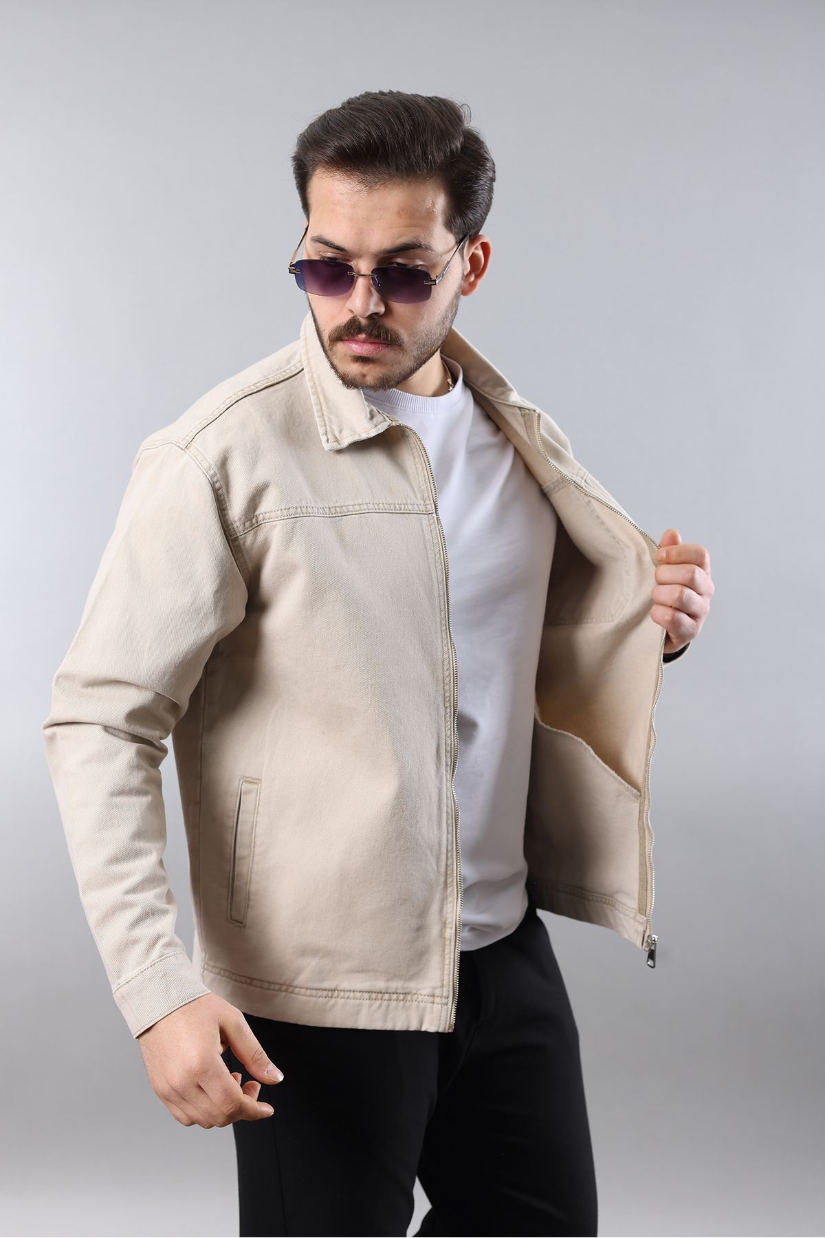 LTC Jeans  Erkek Regular Fit Bej Spor Model Fermuarlı Kot Ceket - Görsel 3