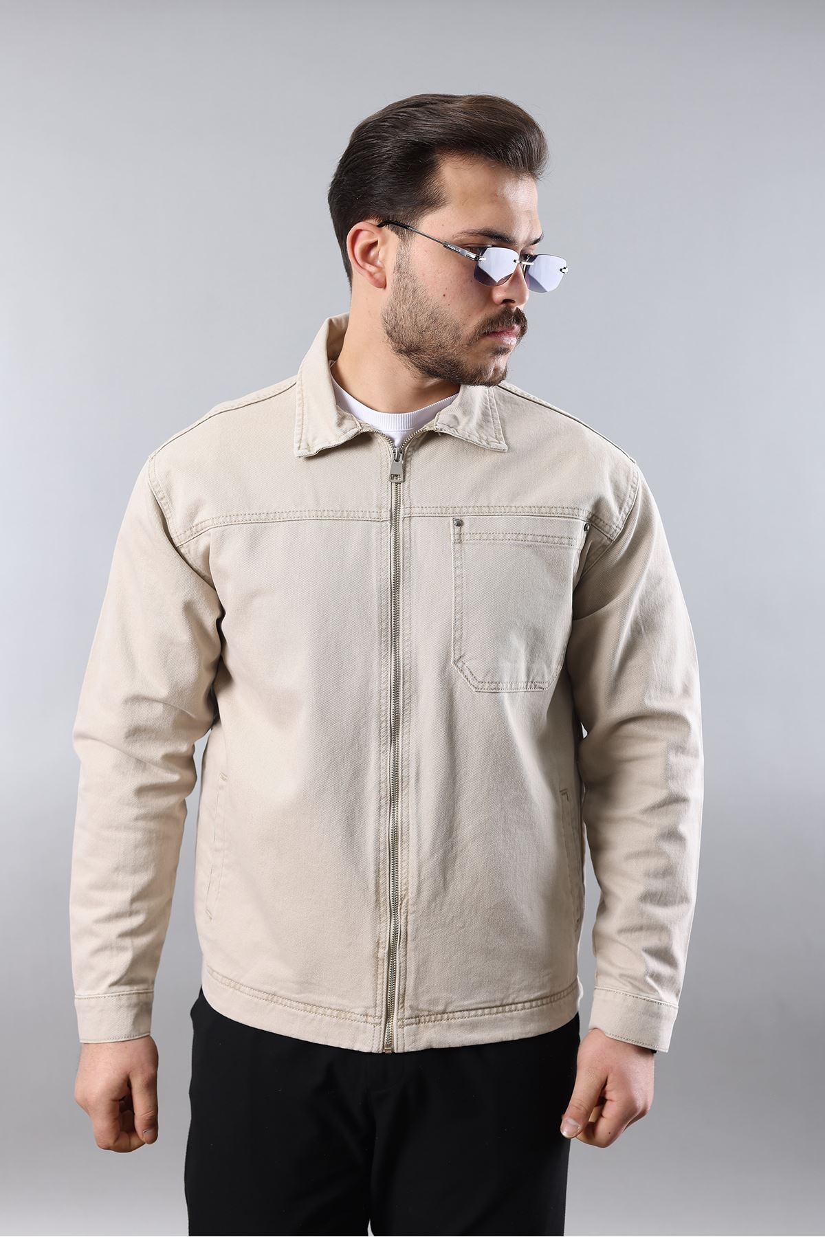 LTC Jeans  Erkek Regular Fit Bej Spor Model Fermuarlı Kot Ceket - Görsel 4