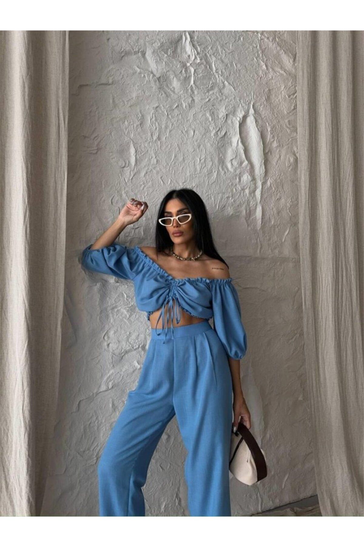 GE TİCARET KETEN CROP BLUZ BÜZGÜ YAKA + PANTOLON TAKIM - Mavi