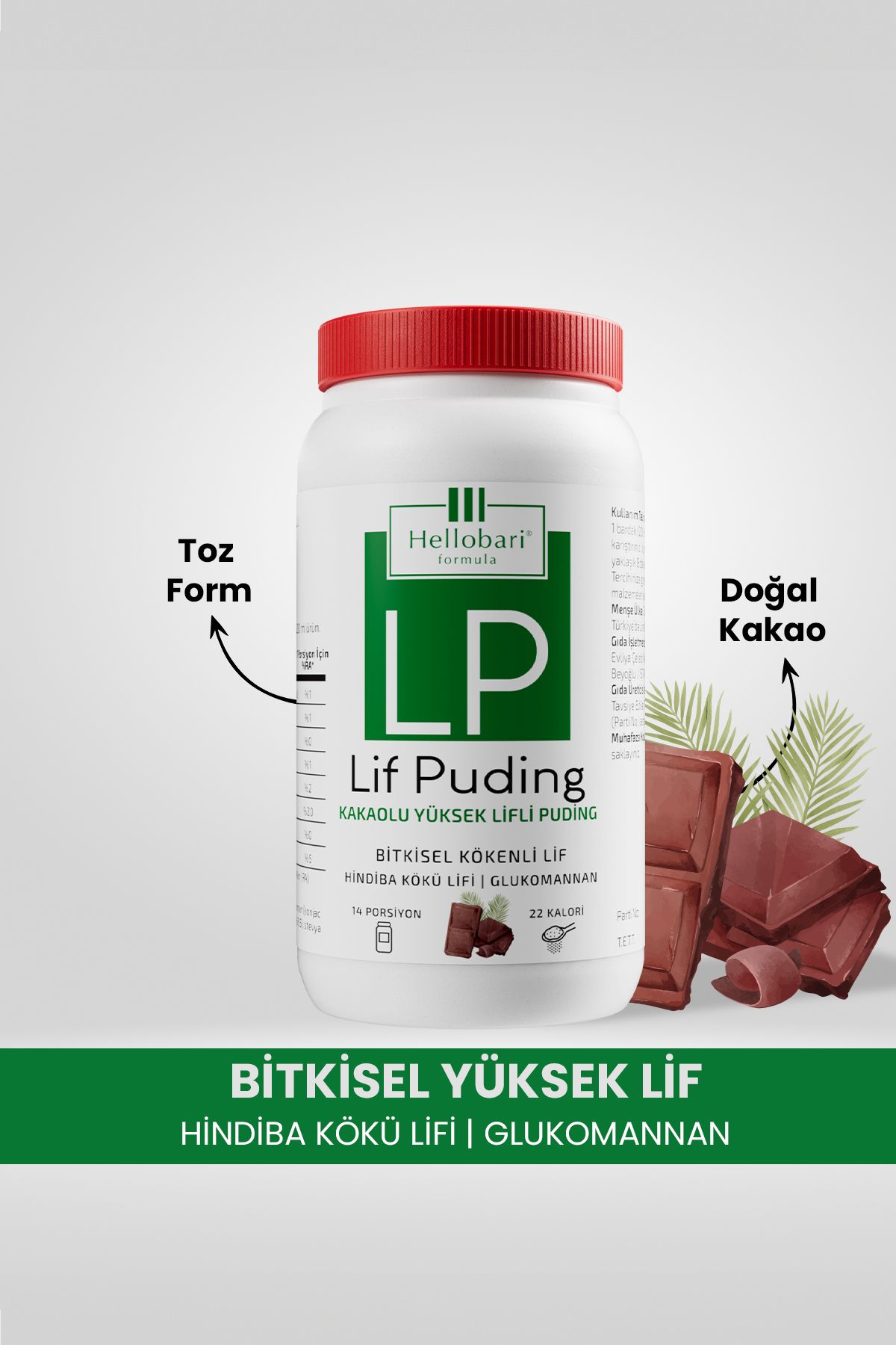 Hellobari Formula Lif Puding Doğal Lif Kaynağı | Glukomannan | Hindiba Kökü Lifi | 14 Porsiyon Kakao