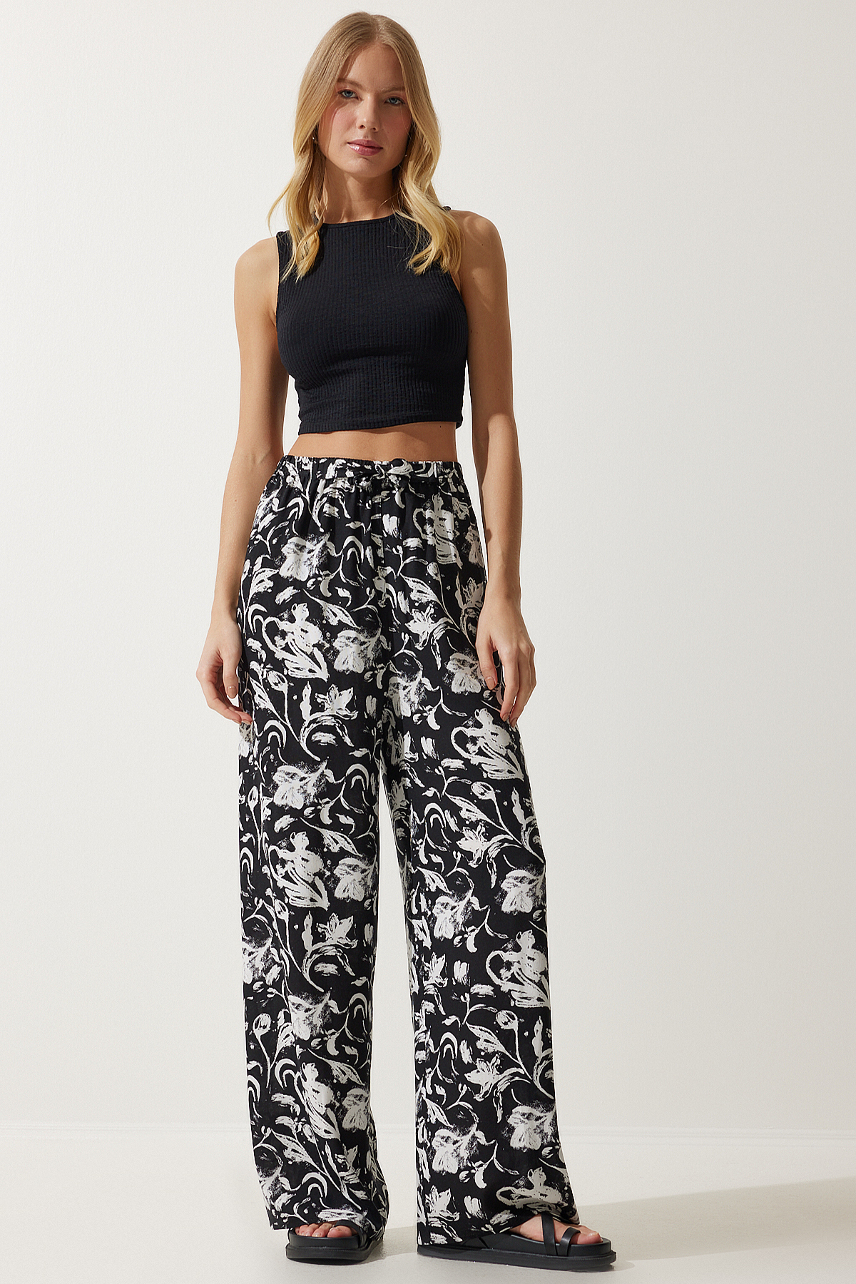 Patterned Printed Viscose Palazzo Pants WHITE BLACK LEN0003