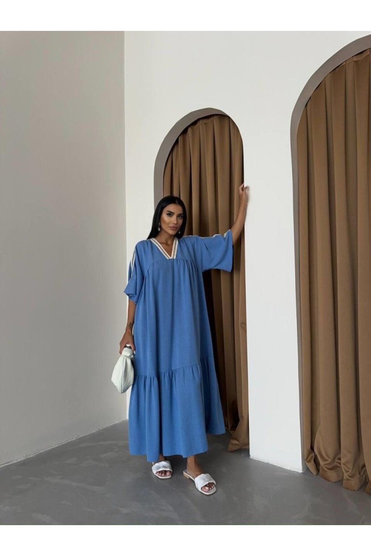 Gökyüzü Moda YAKA-KOL HASIR BİYE ŞERİTLİ KETEN SALAŞ ELBİSE - Mavi