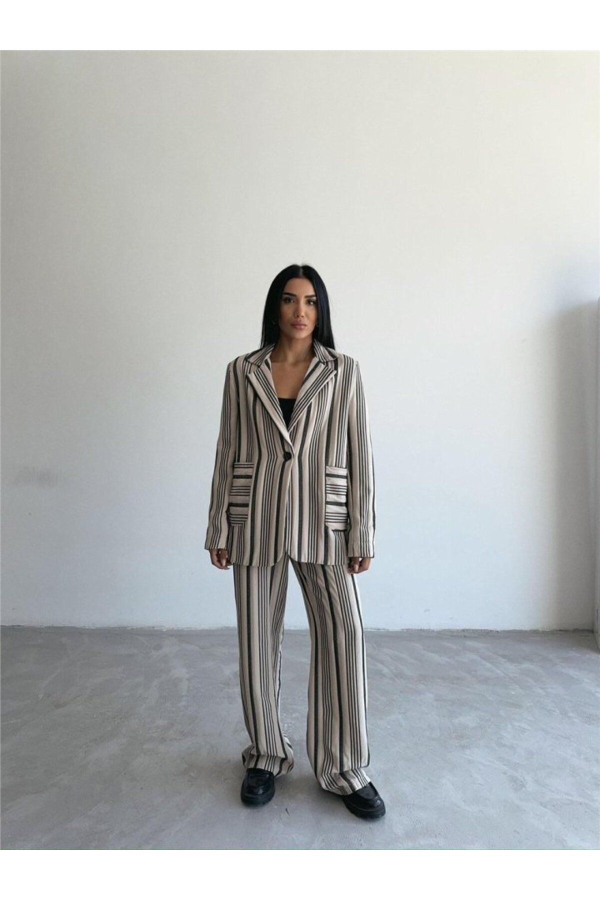 velmorafashion OTTOMAN ÇİZGİLİ CEKET-PANTOLON TK - Bej