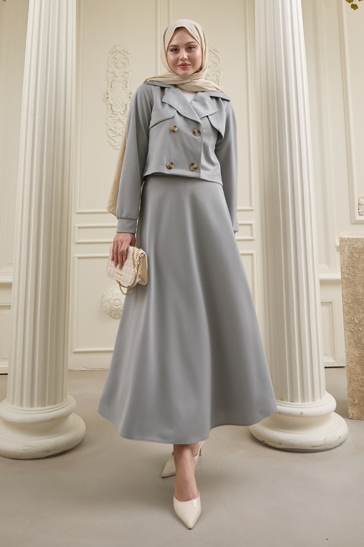 InStyle-Gray Scuba Suit with Short Bolero Skirt 1