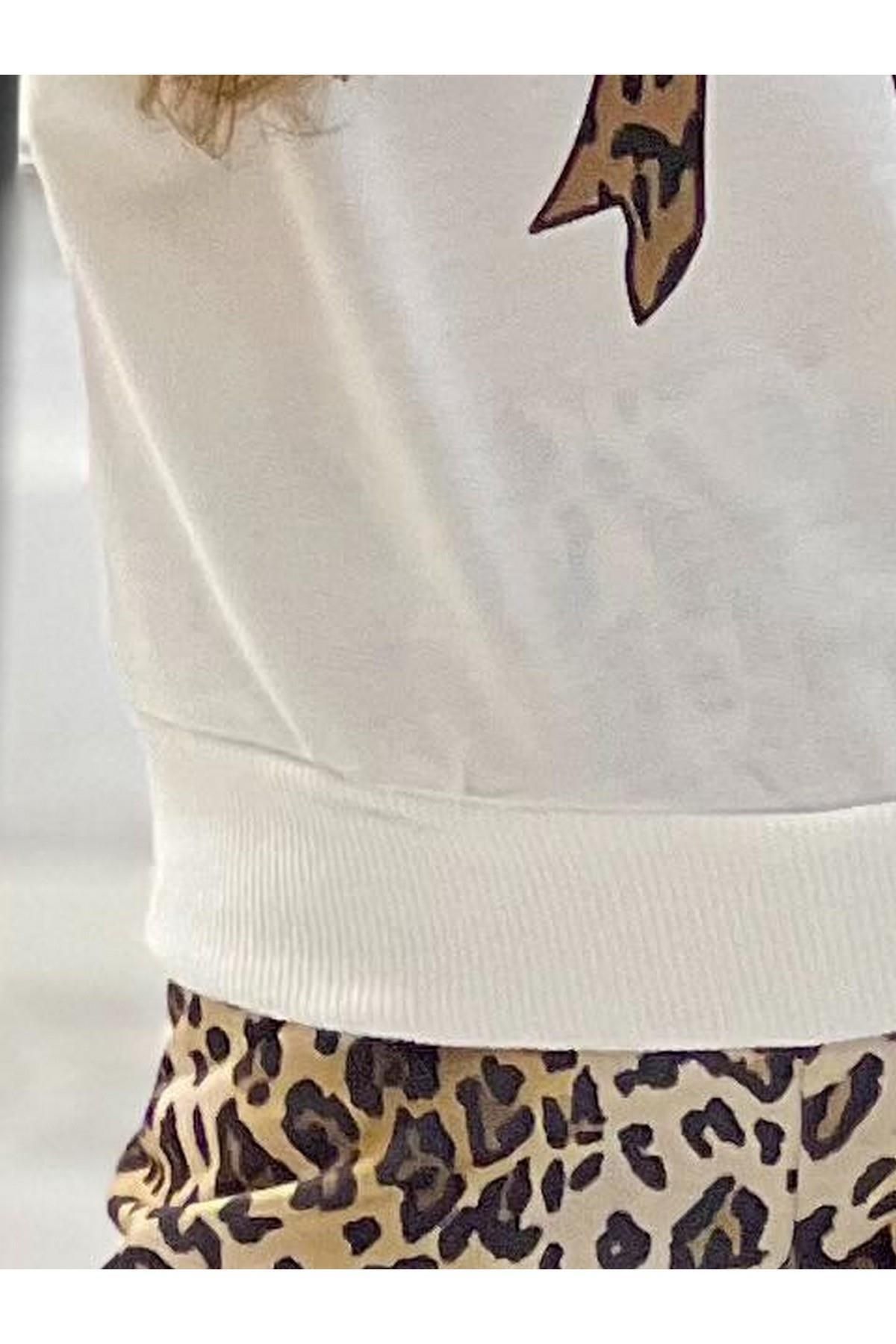 TRENDİMİZBİR-Girl's Leopard Patterned Bow Detailed Soft Textured Casual Style Top and Bottom Set 2