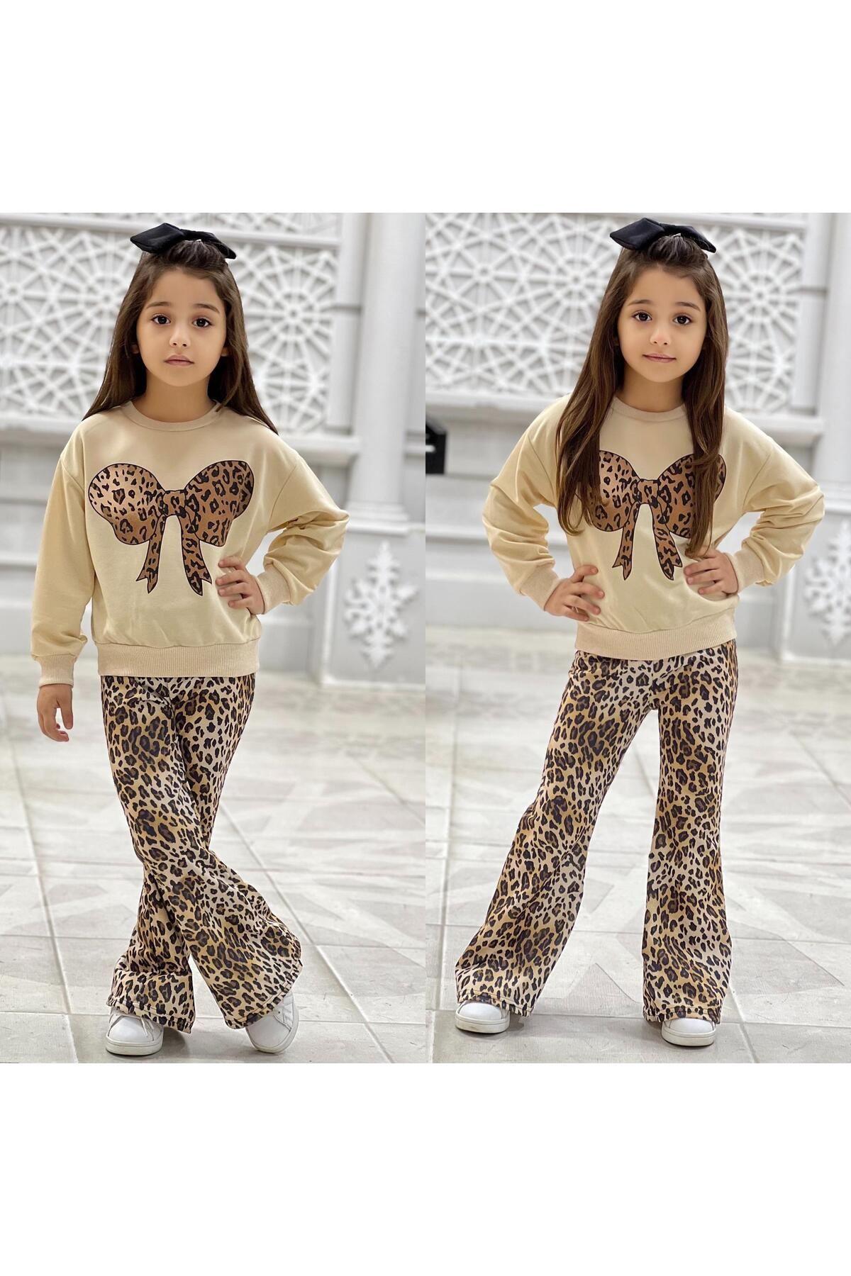TRENDİMİZBİR-Girl's Leopard Patterned Bow Detailed Soft Textured Casual Style Top and Bottom Set 3