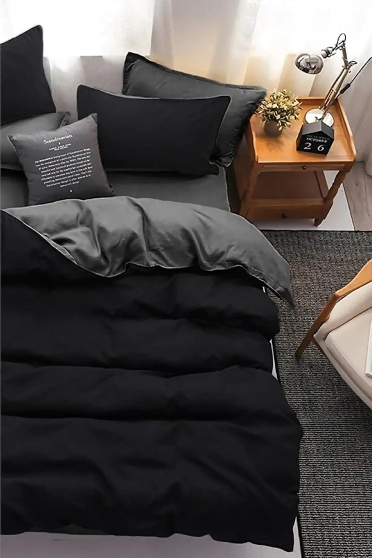 STOREMAX htpshopmx Dubbelsid Çift Taraflı Nevresim Takımı Çarşafı Lastikli 200 * 220 Siyah-Gri str http