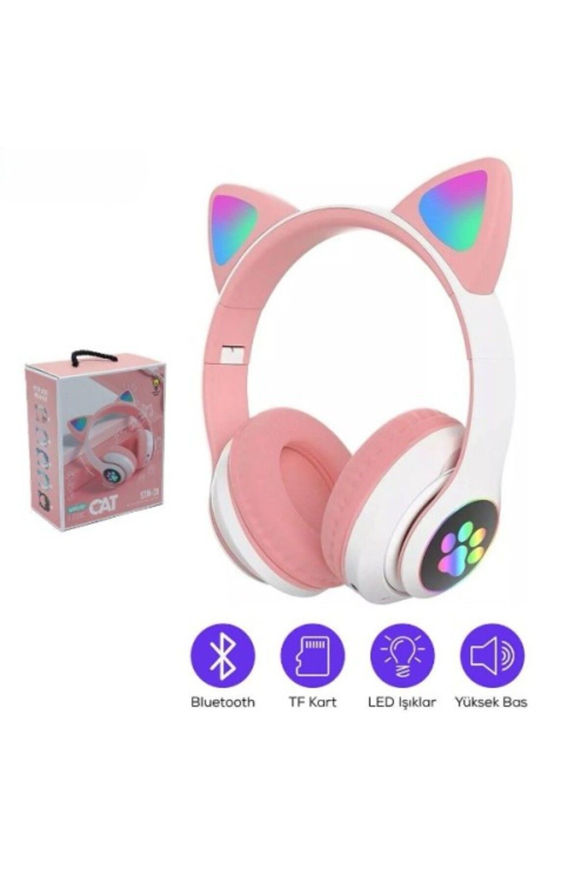 mk global Kedi Figürlü Bluetooth Kulaklık Pembe Renkli