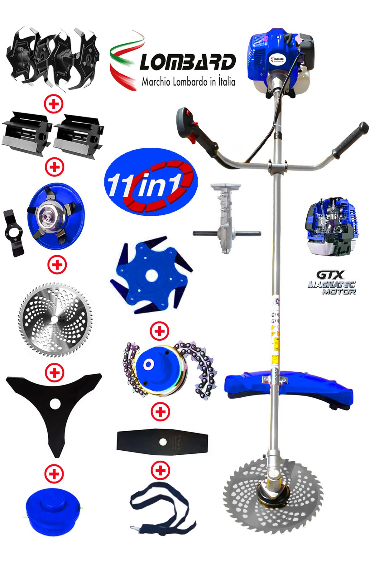 Cros LOMBARD İtalia TEC 880 11 İn 1 FUL Set Yan Tipi Benzinli Tırpan + Toprak Eşeleme + Akrobat Çapa Roket Başlık