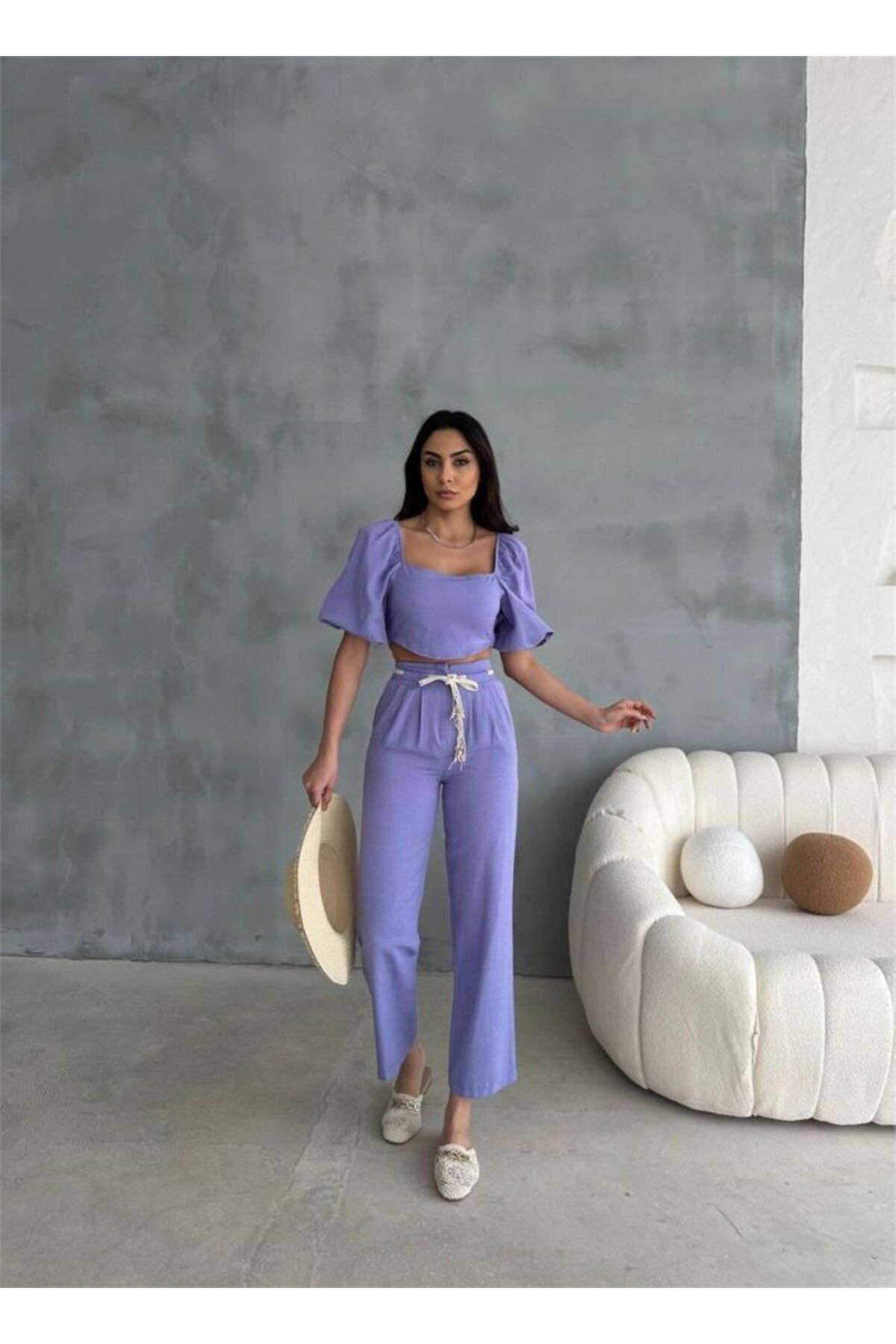 novafems Keten Crop Karpuz Kol Bluz-pantolon Hasir Kemerli̇ - Mor