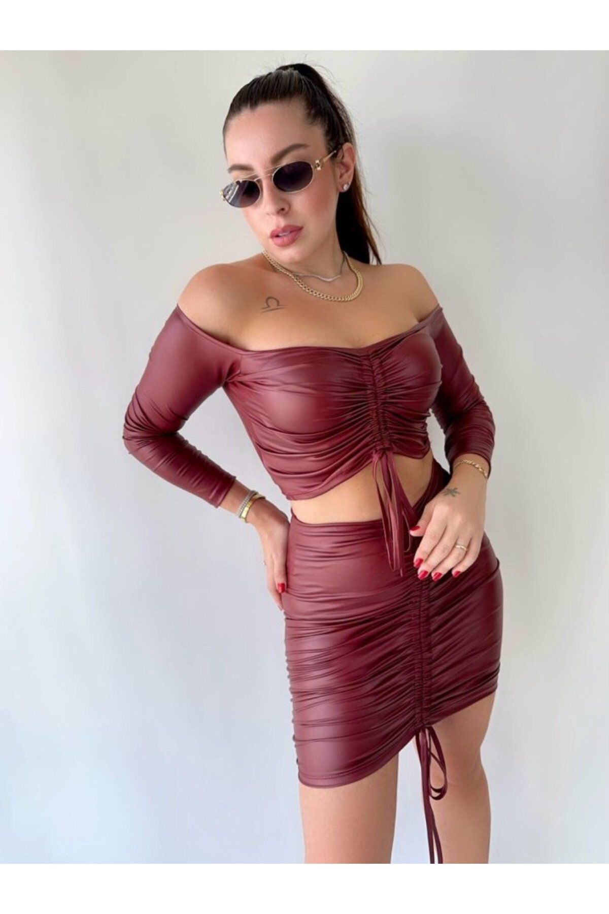 ASFSTORE Kadın Büzgülü Deri Etek Takım Fırsat Ürün