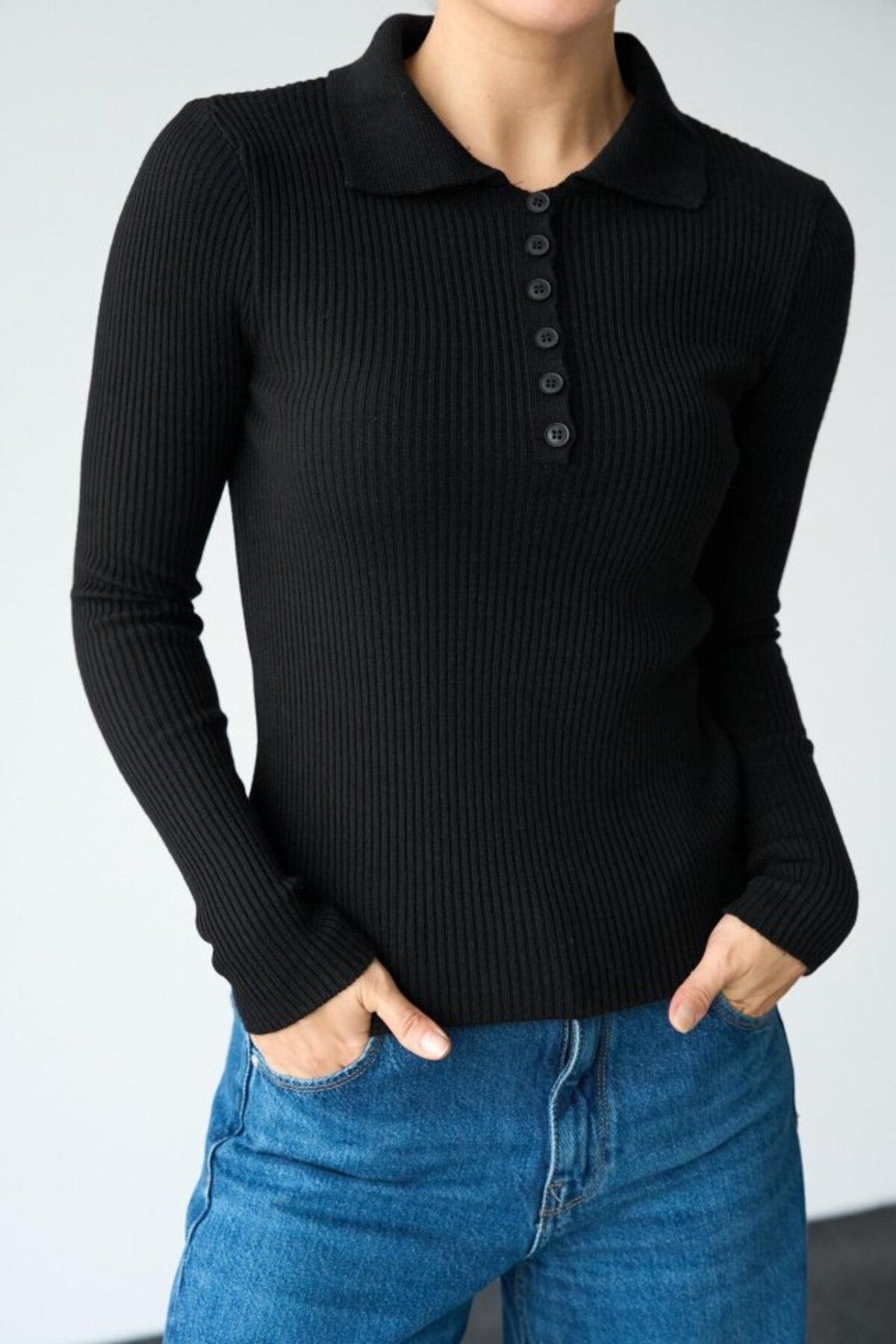 MHT STORE Polo Yaka 6 Düğmeli Kazak - Siyah