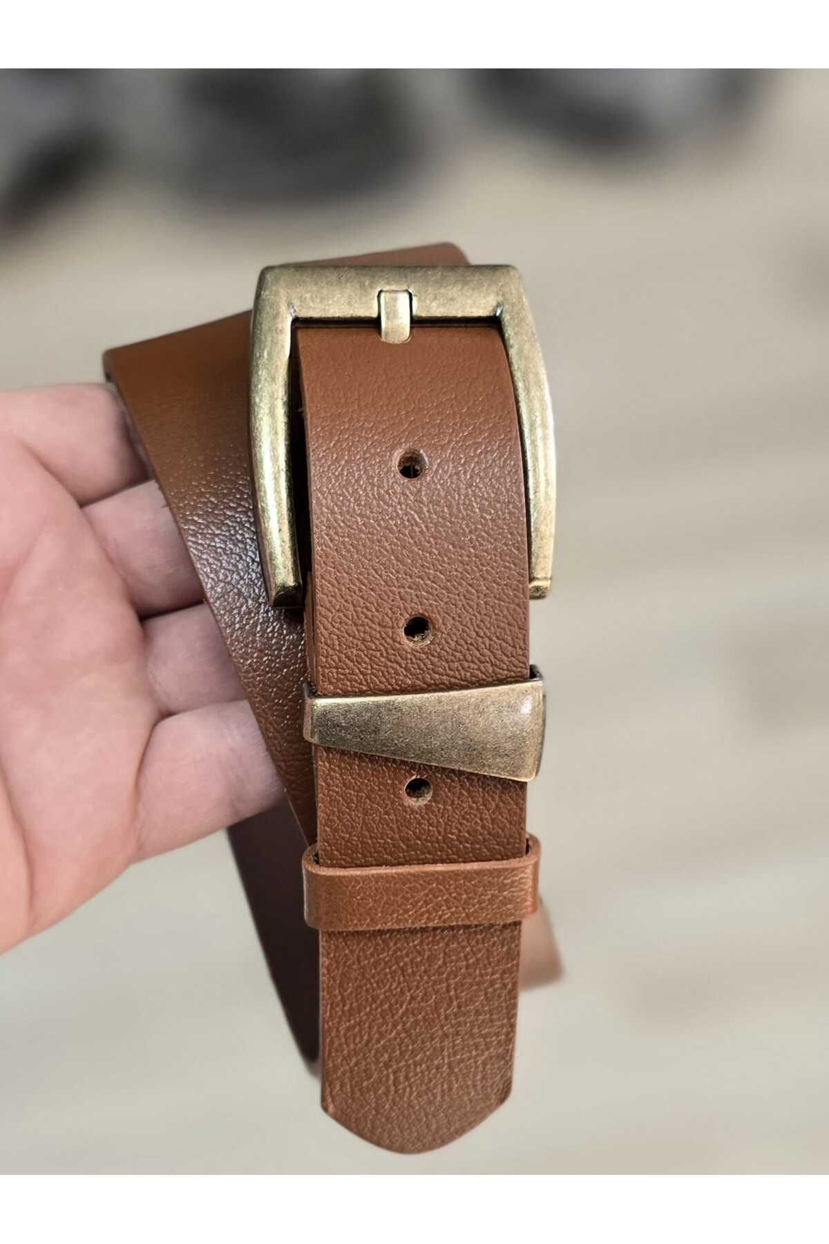 Kemerix-100% Genuine Leather Antique Finish Buckle 3.2cm Tan Belt 4