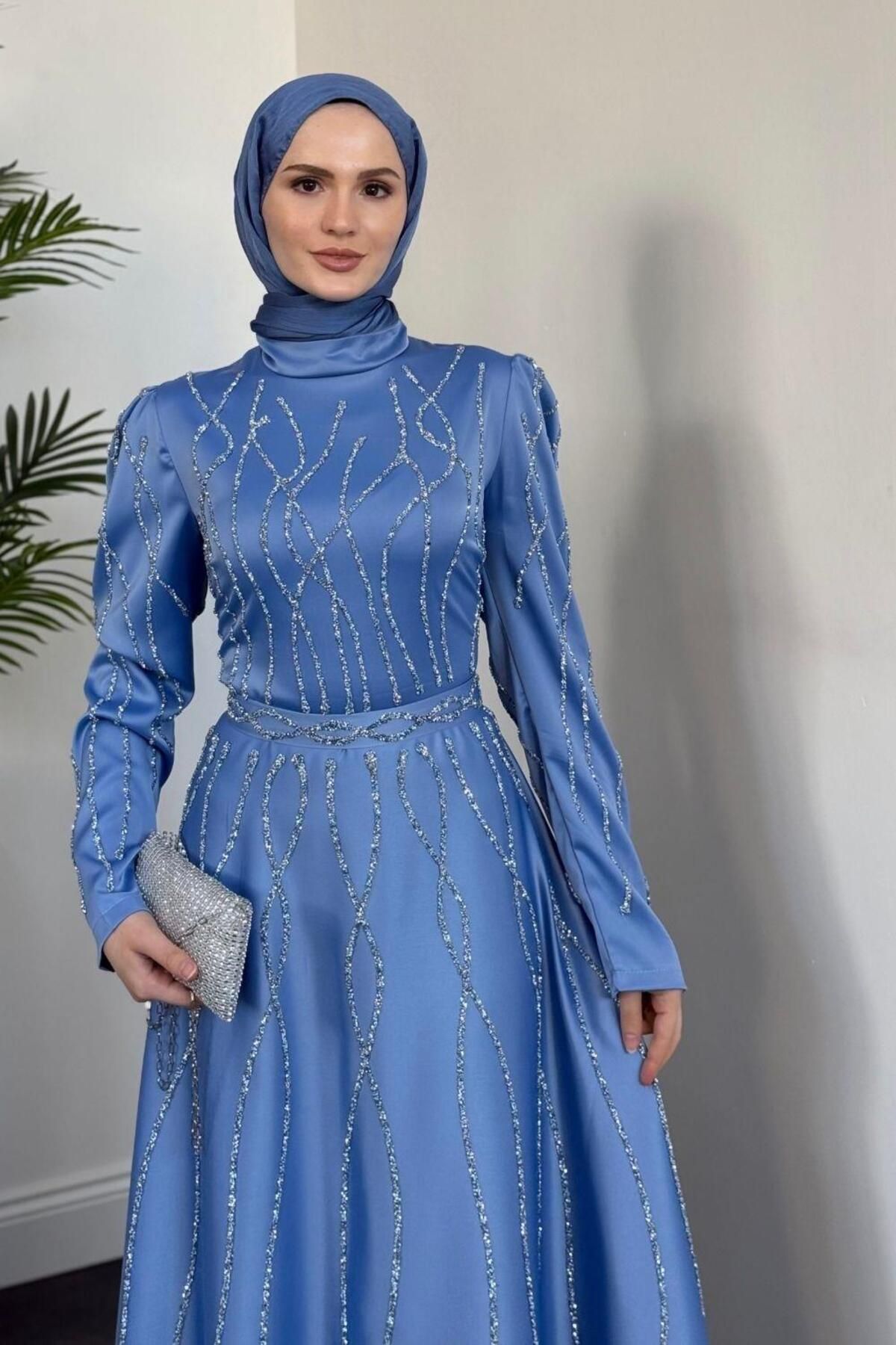 MERVEN AKYÜZ-Rochie de seara Amaris Stone Albastru Baby 3