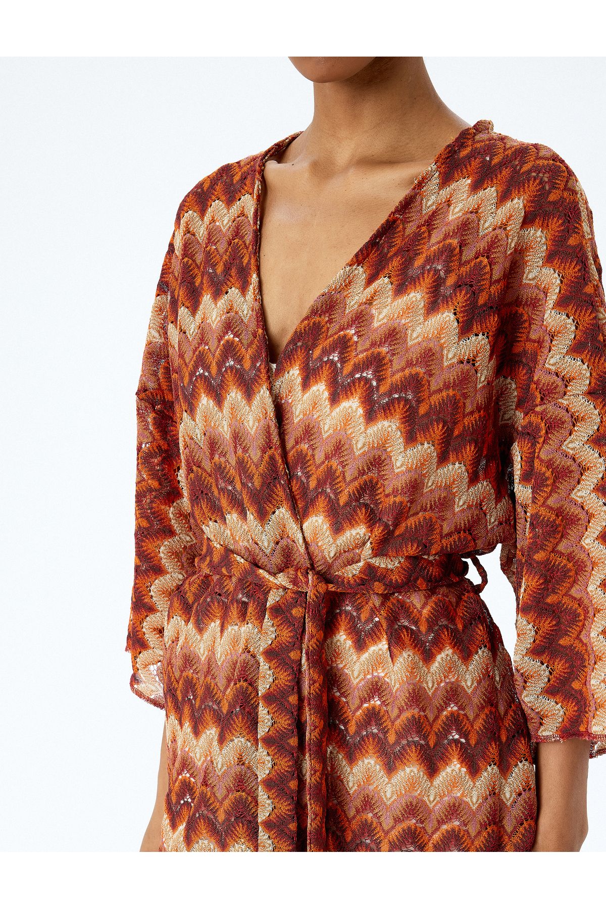 Koton-Long wide sleeve belted patterned long kimono. 5