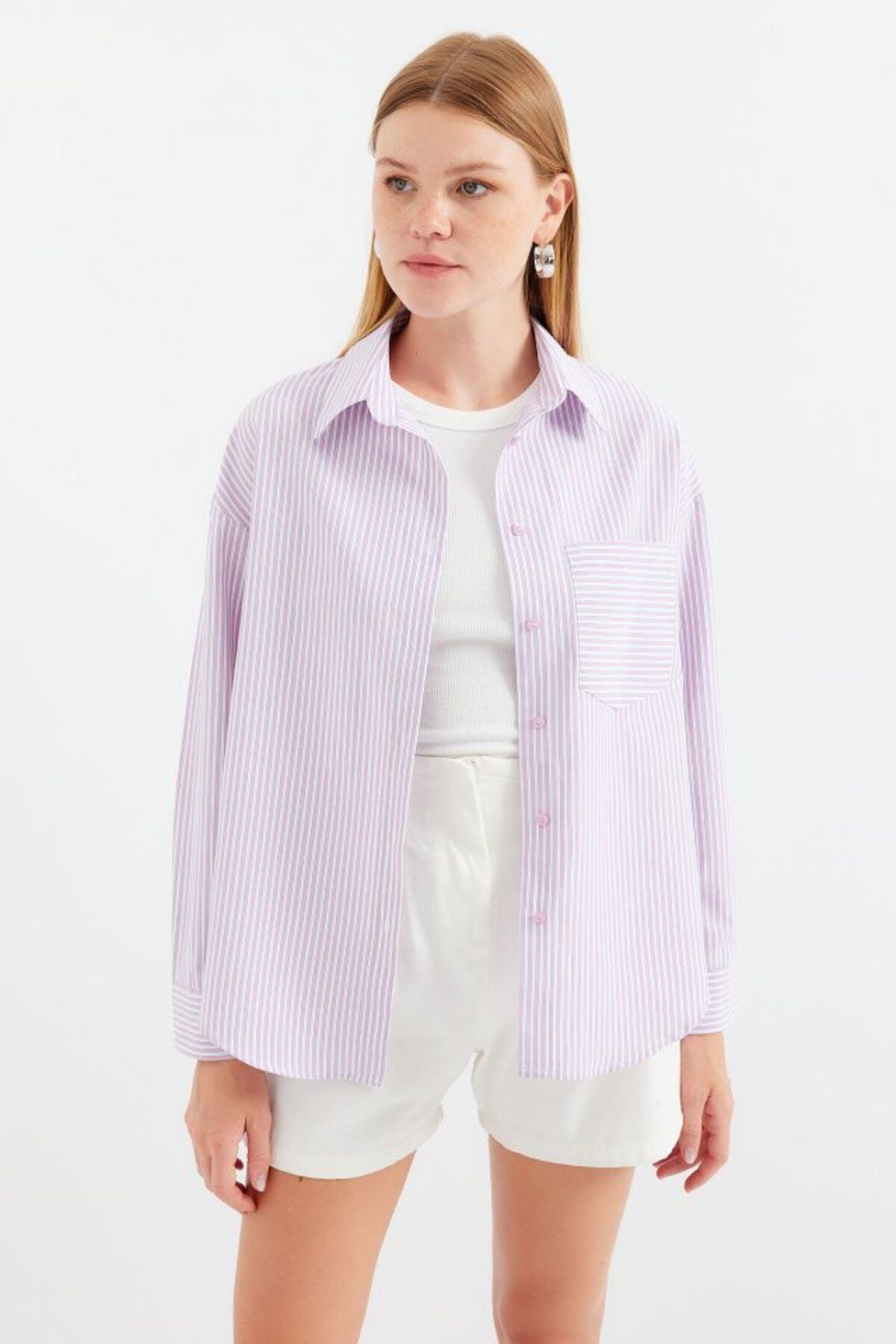 ASFSTORE 20212 Tek Cepli Çizgili Oversize Gömlek - Pembe