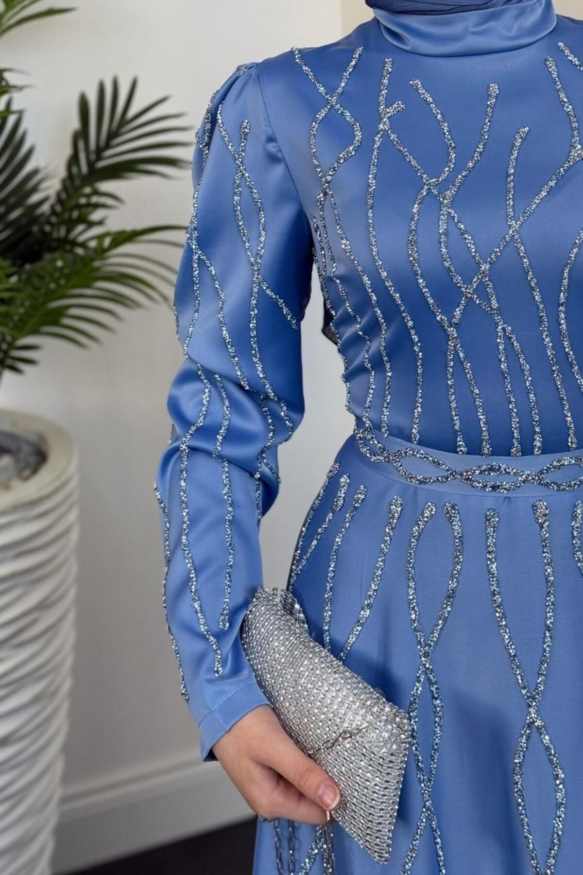 MERVEN AKYÜZ-Rochie de seara Amaris Stone Albastru Baby 4
