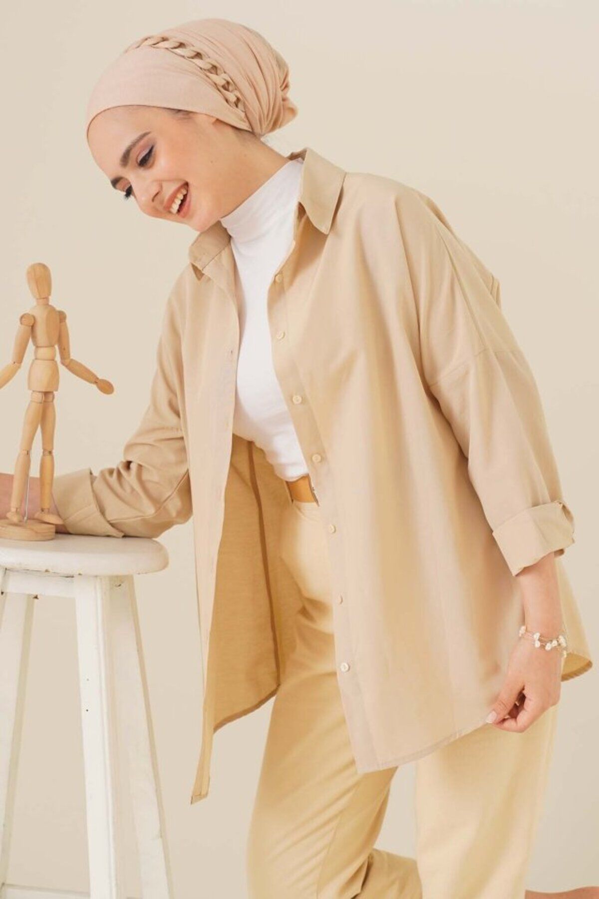 GE TİCARET 103901 Oversize Basic Tesettür Gömlek - Krem