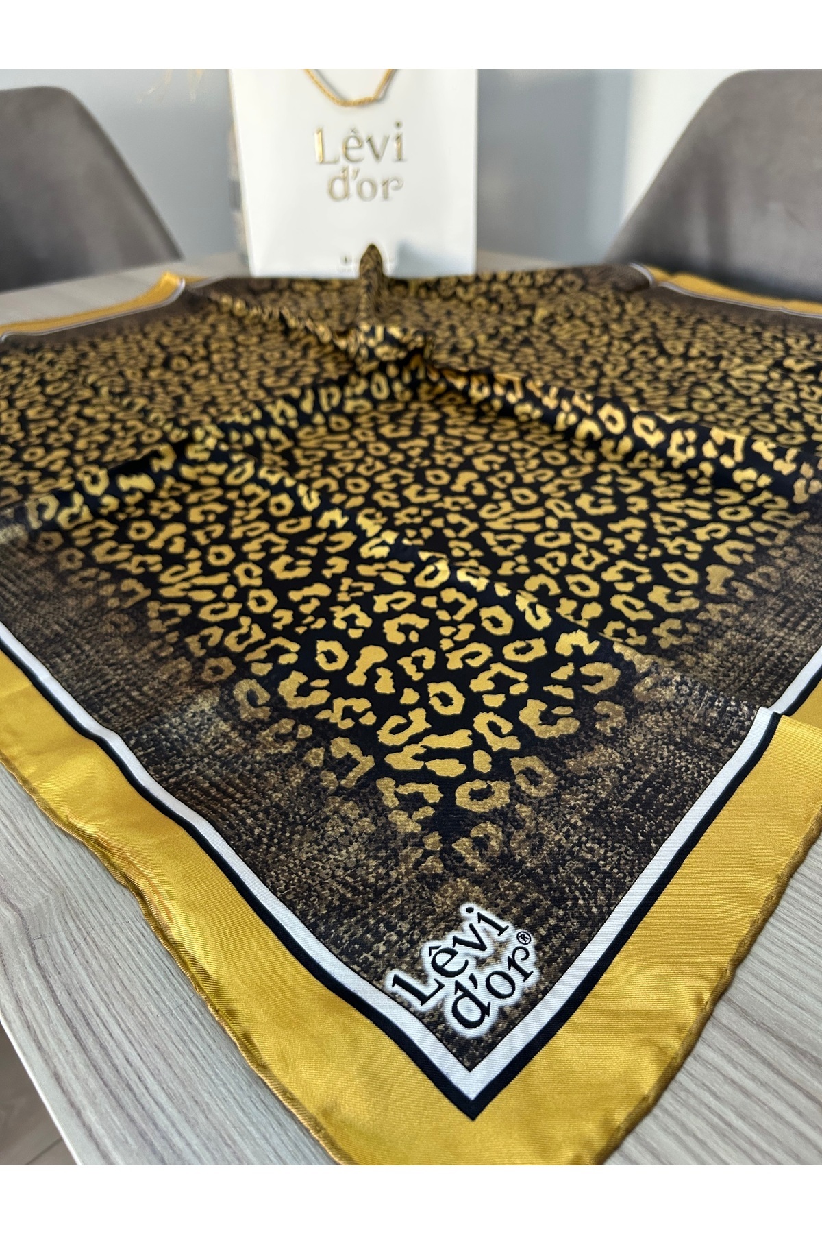 Levidor-Gold with Mini Leopard Pattern Twill Silk Scarf 3