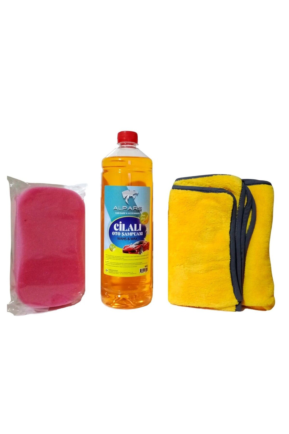 ALPARS Cilalı Oto Araba Şampuanı 1000 ml Oto Yıkama Süngeri Ve Kurulama Havlusu 40x70 Cm 3'lü Set