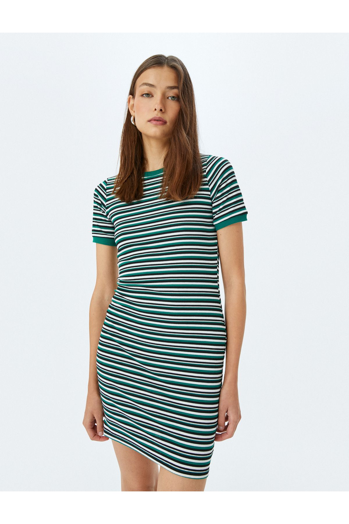 Koton Yeni Sezon Bisiklet Yaka Kısa Kollu Fitilli Mini Bodycon Elbise