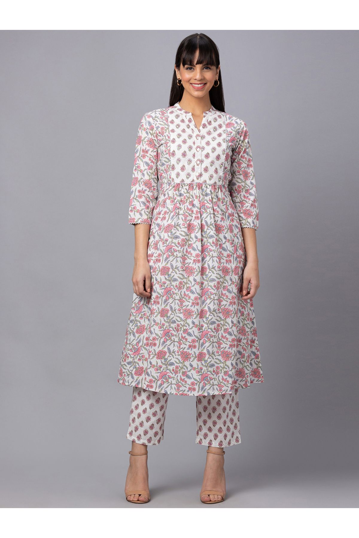 Globus By Styli-Mandarin Collar Printed Kurta with Trousers Set 2