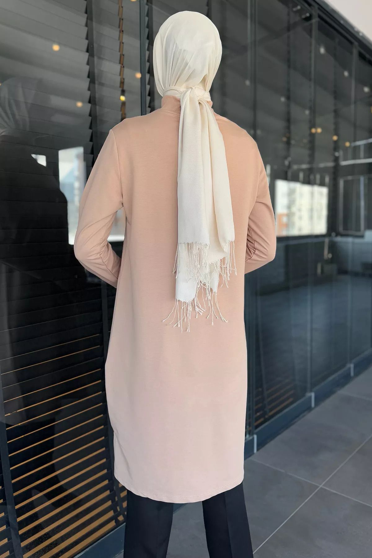 julude-Beige Women's Stand Collar Half Zipper Hijab Tunic 8