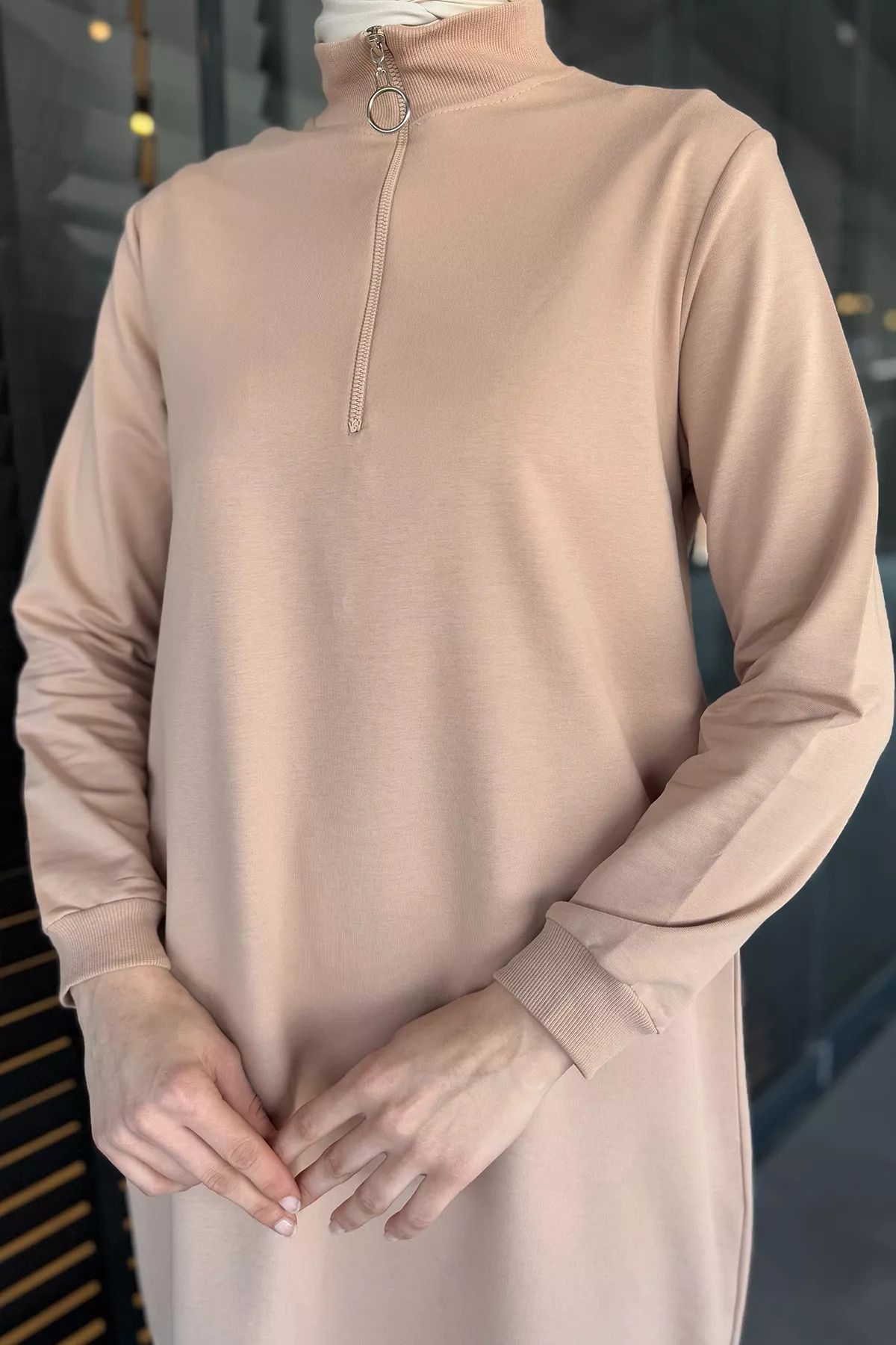 julude-Beige Women's Stand Collar Half Zipper Hijab Tunic 3