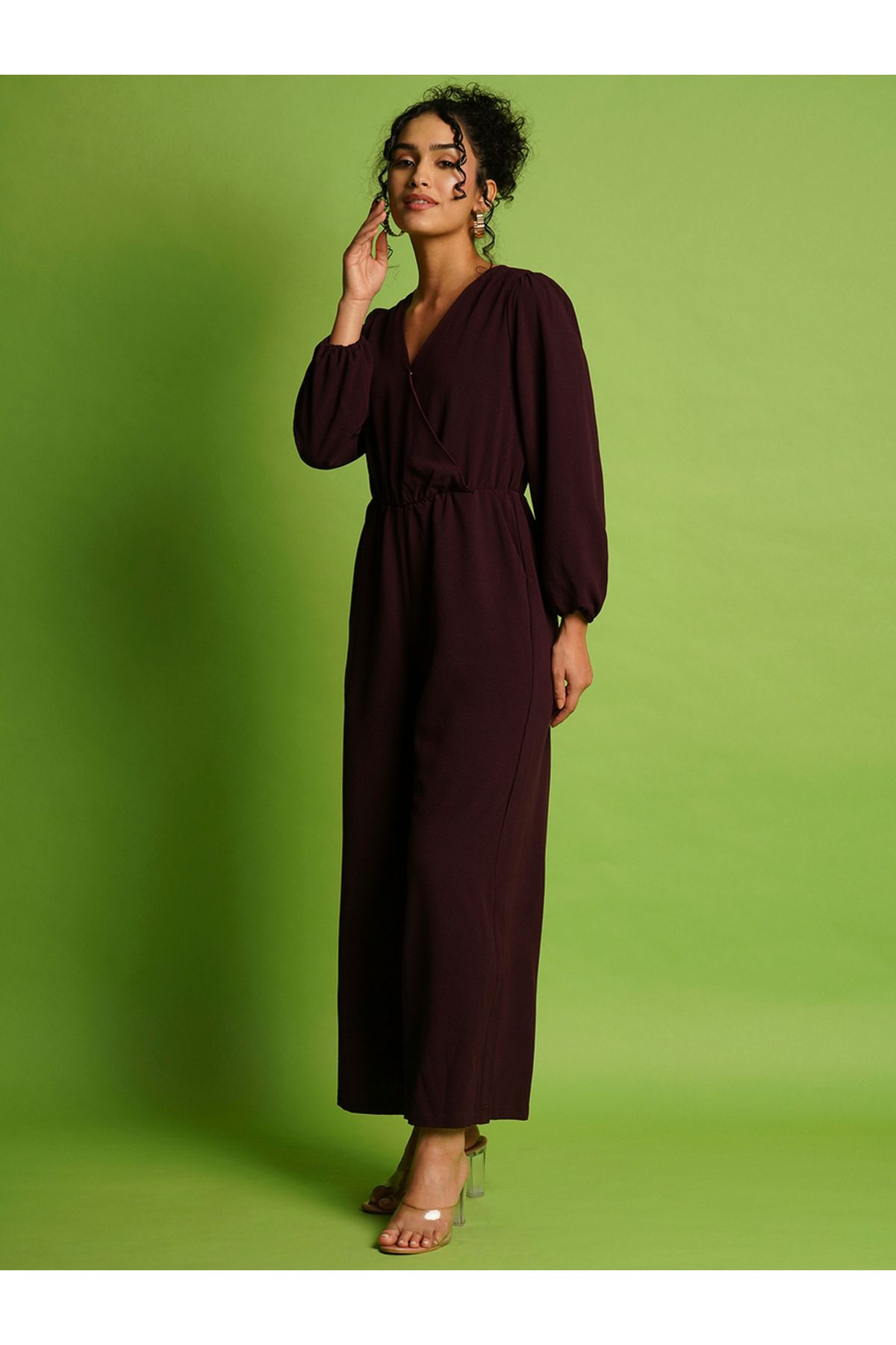 Globus By Styli-Solid V-Neck Balloon Sleeves Wide Leg Jumpsuit 2