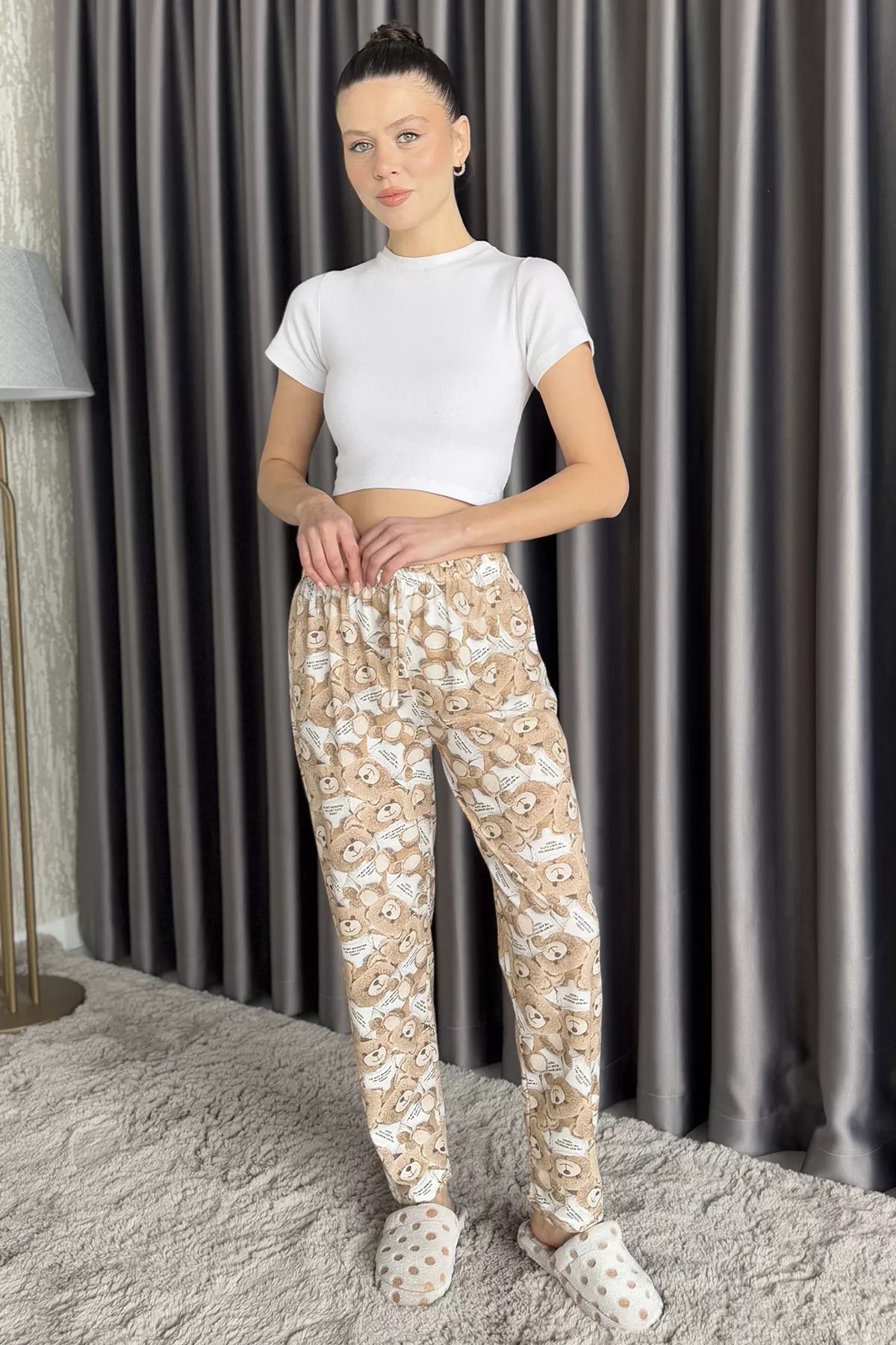 GÜLSELİ-Creambeige Women's Teddy Bear Printed Elastic Waist Pajama Bottoms 2