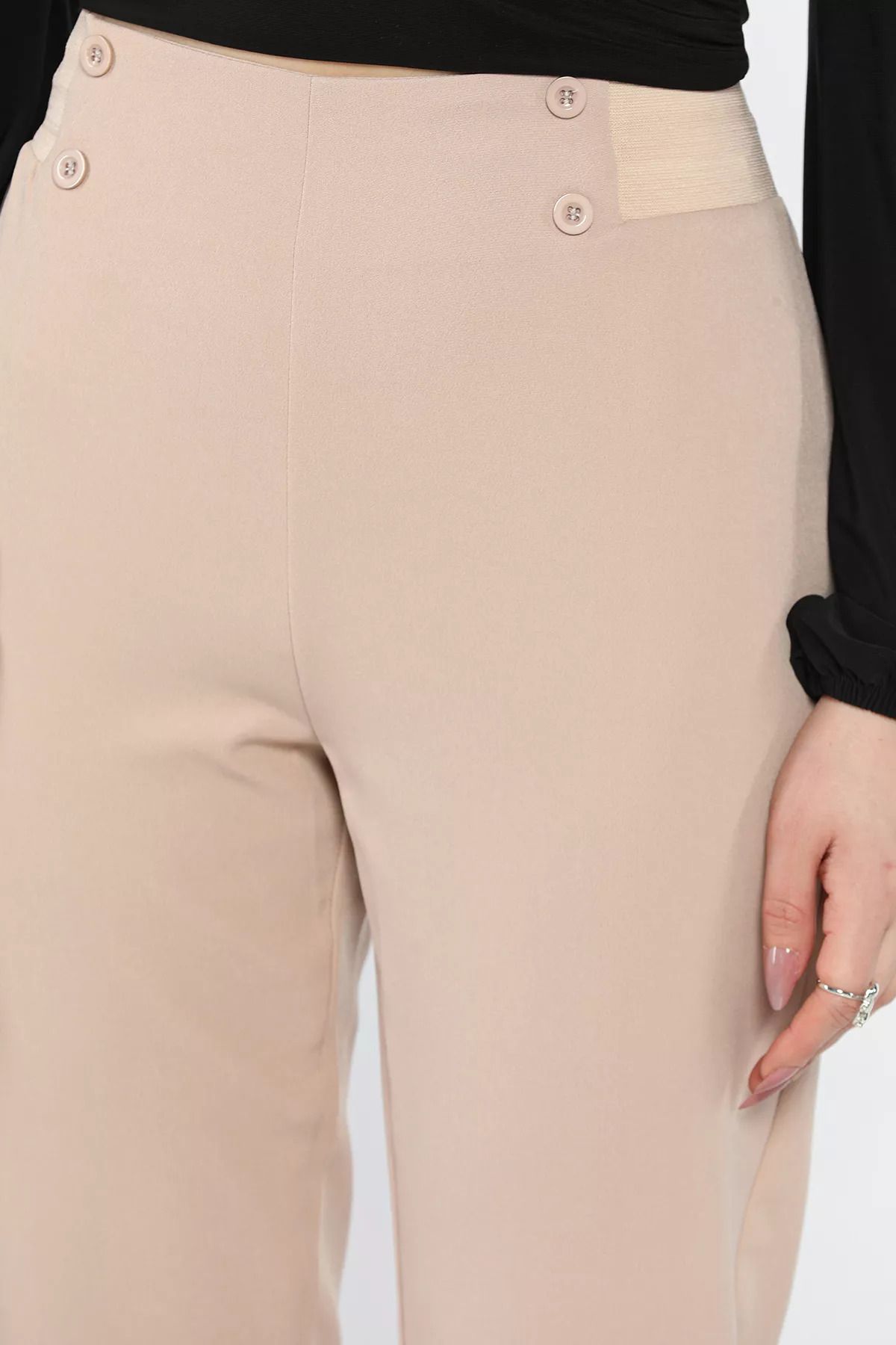 GÜLSELİ-Koyutaş Women's Large Size Fabric Trousers with Elastic Waist Button Detail 4