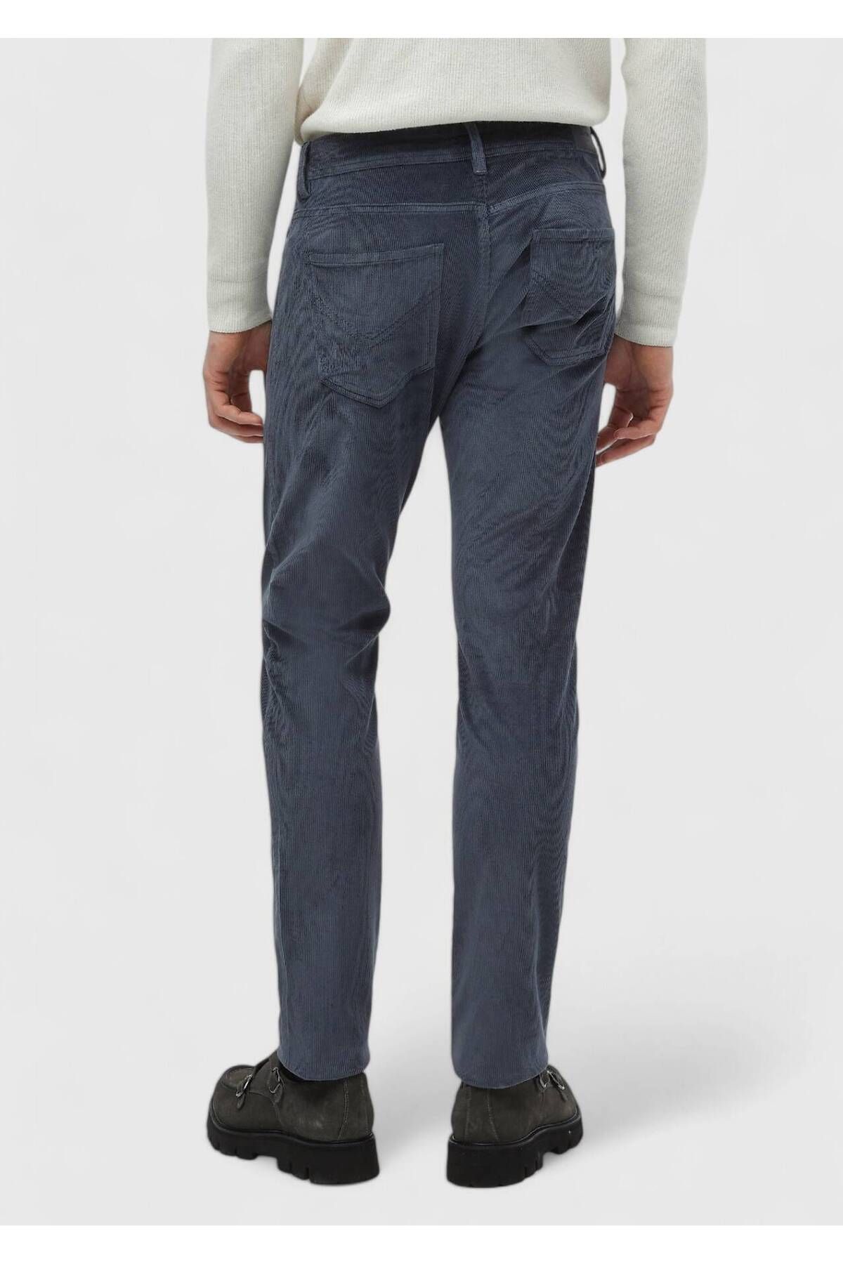 Ramsey-Μπλε ριγέ υφαντό Slim Fit Velvet Casual βαμβακερό παντελόνι 4