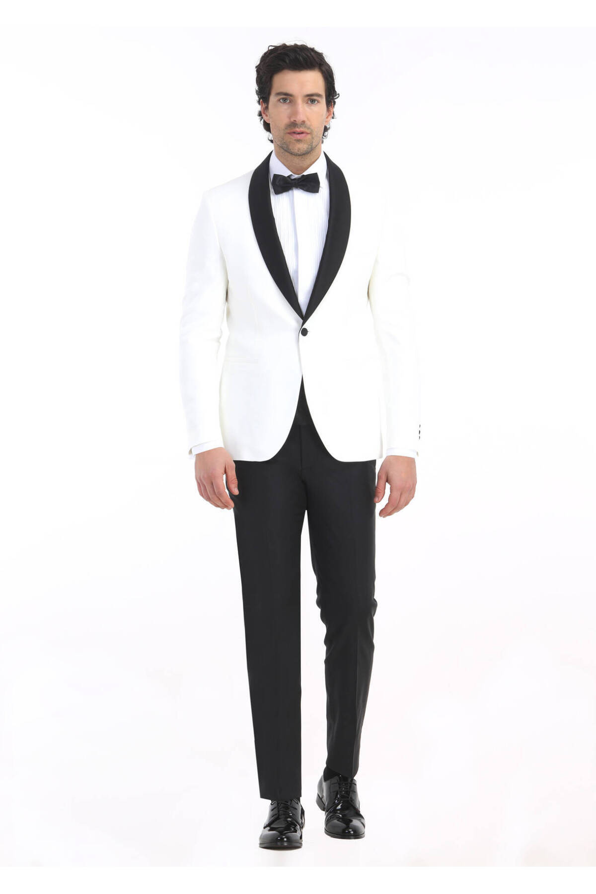 رمزی کت و شلوار تاکسیدو بافته شده با یقه شال مدرن Ecru Plain Fit Modern