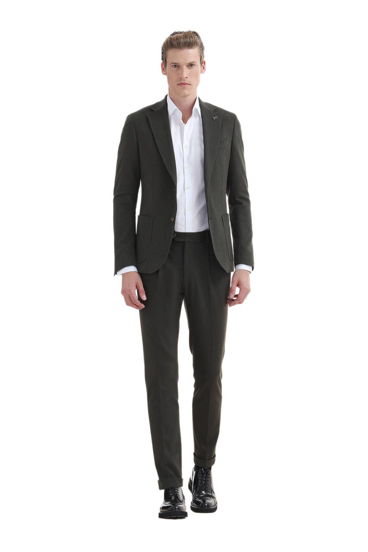 Ramsey-بدلة محبوكة من مزيج القطن باللون الكاكي Slim Fit Zeroweight 1
